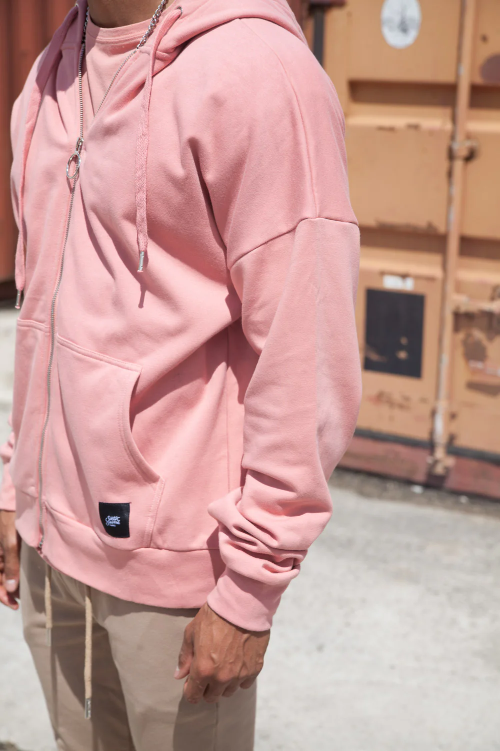 Sweat capuche zip épaules tombantes rose foncé - Image 4