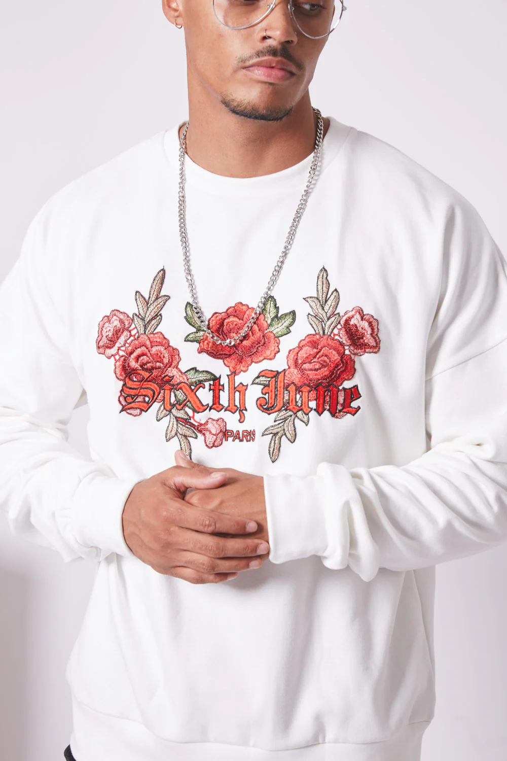 Sweatshirt brodé roses blanc - Image 3