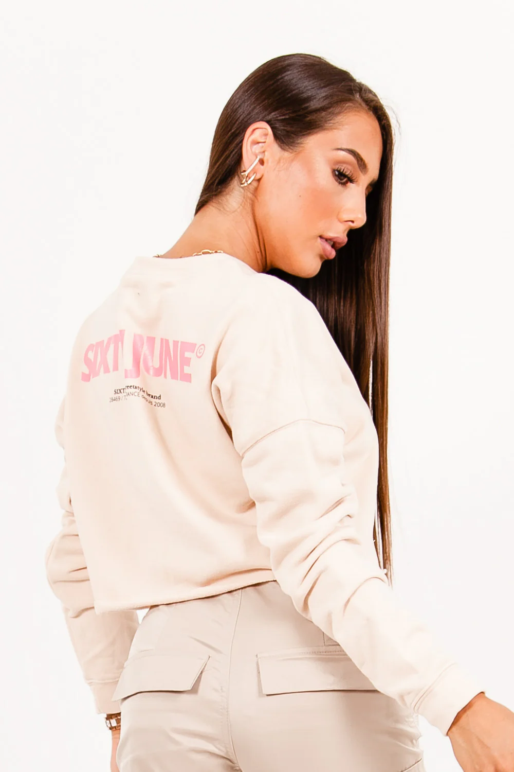 Sweat-shirt court imprimé logo beige - Image 3