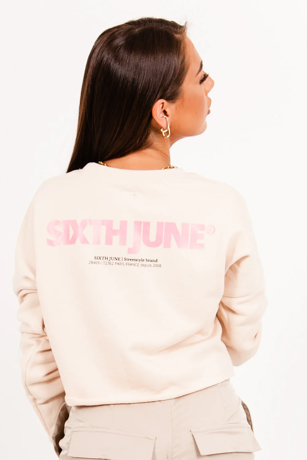 Sweat-shirt court imprimé logo beige - Image 4