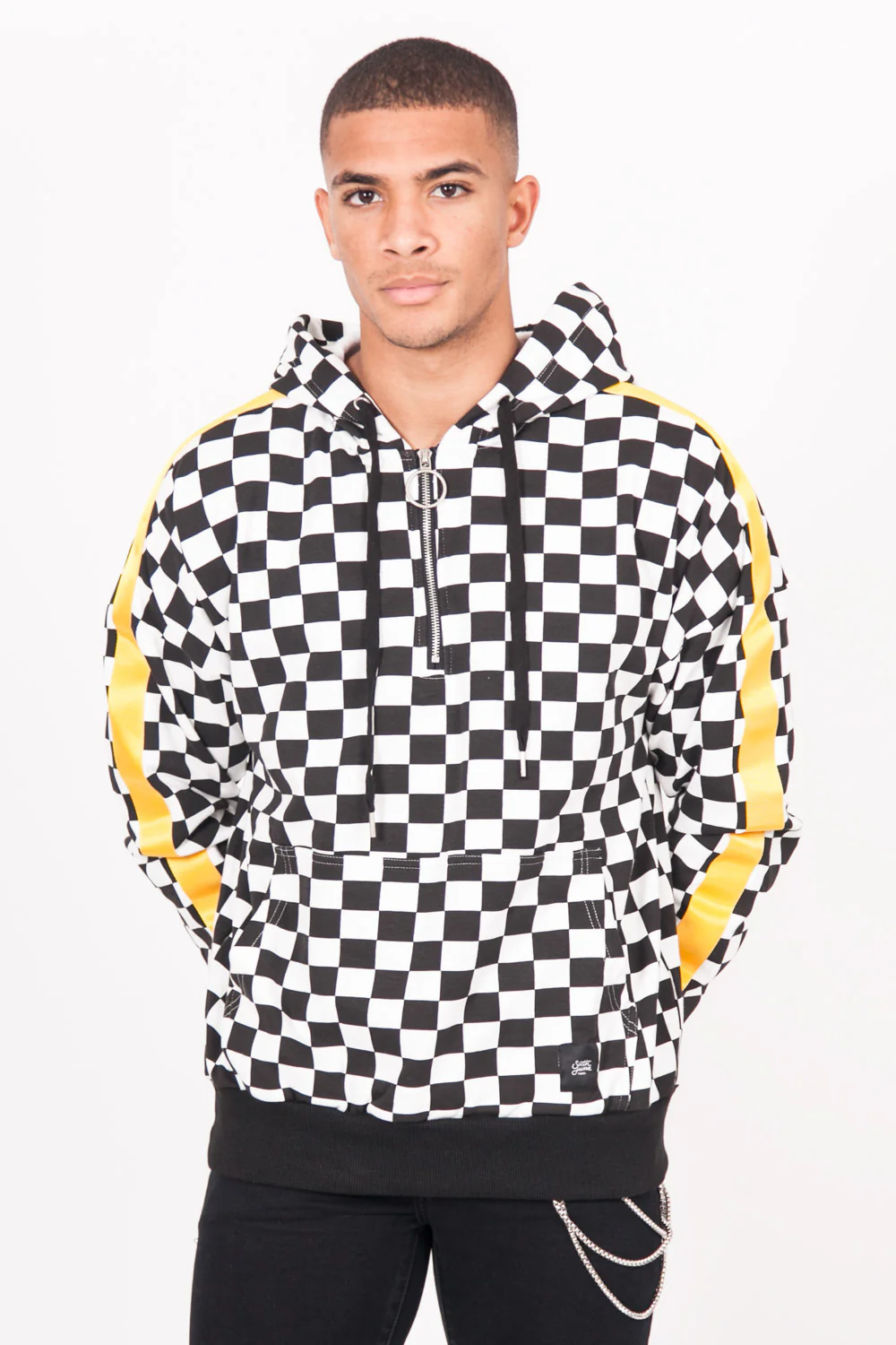 Sweatshirt damiers bandes noir blanc