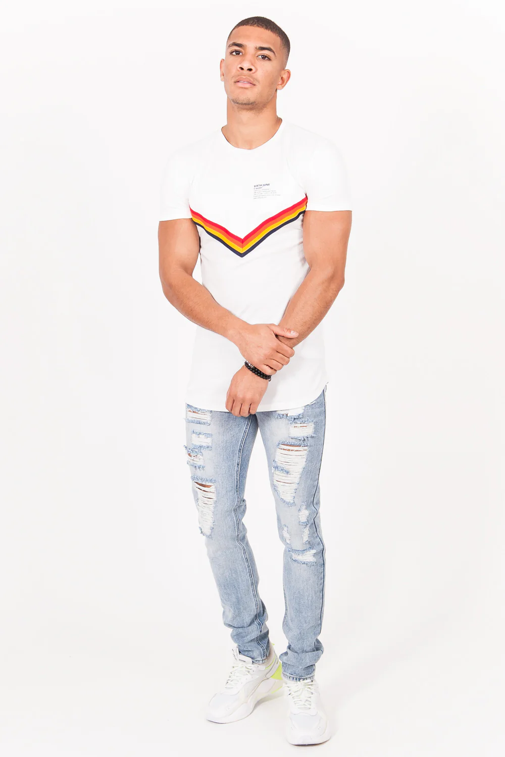 T-Shirt bandes V 4 couleurs blanc - Image 6