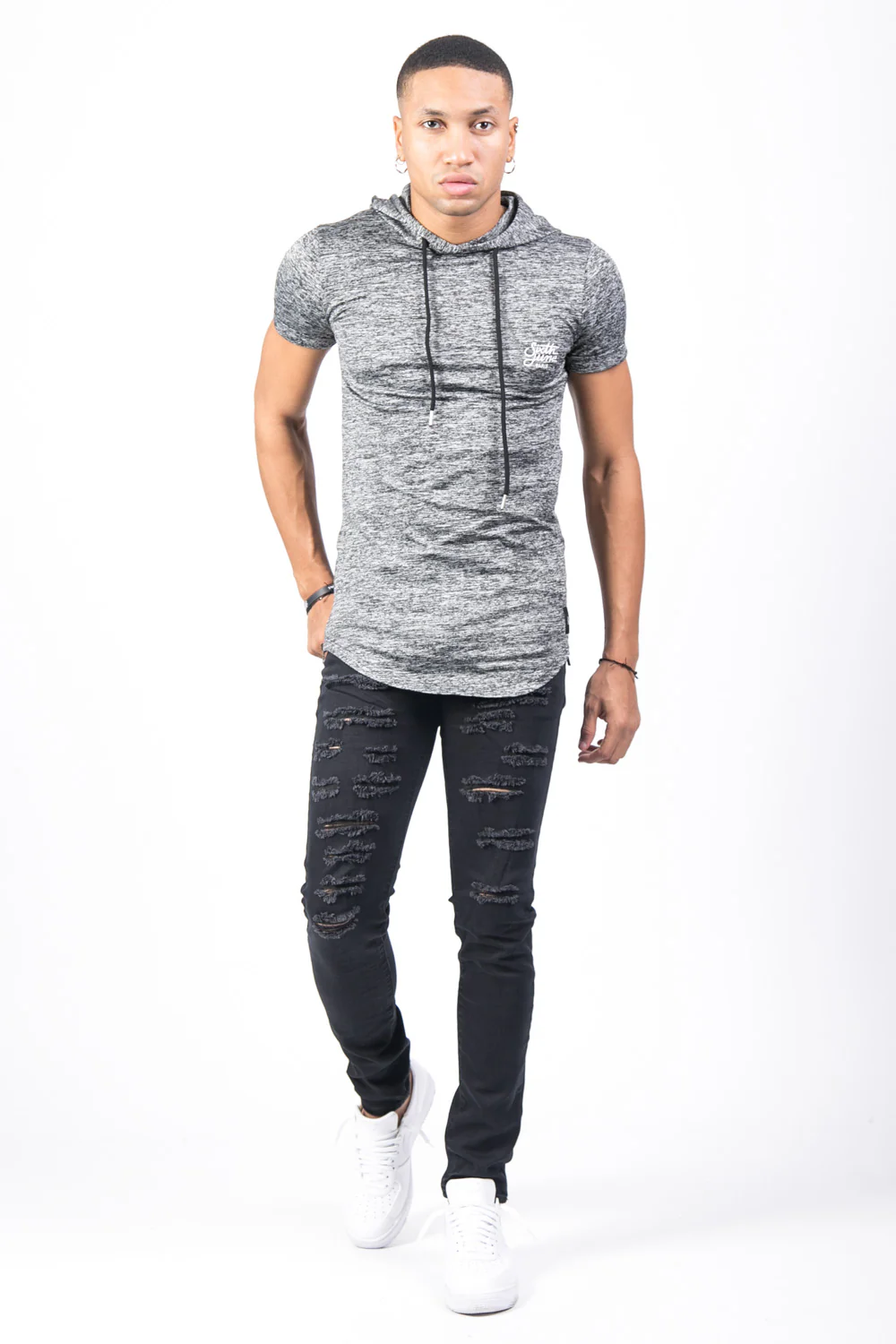 T-shirt capuche stretch chiné gris foncé - Image 2