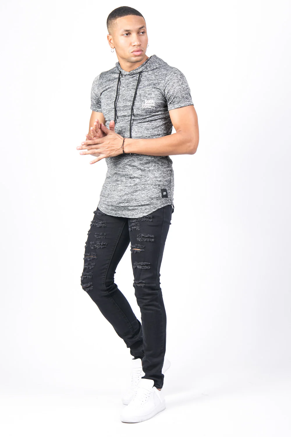 T-shirt capuche stretch chiné gris foncé - Image 4
