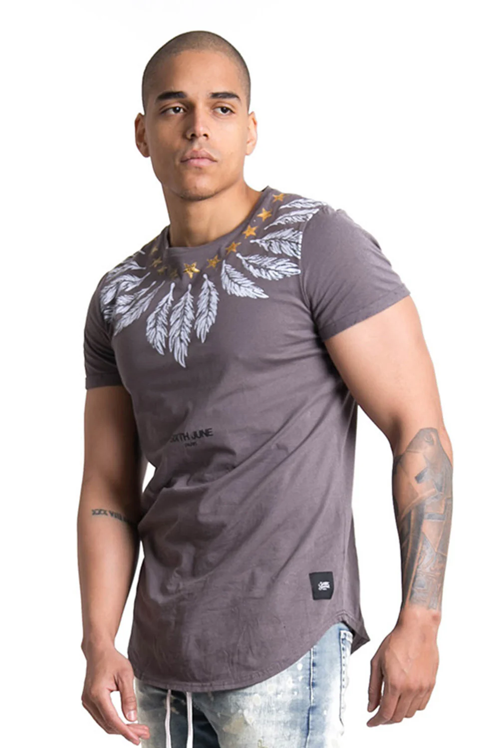 T-shirt col étoiles plumes gris - Image 2