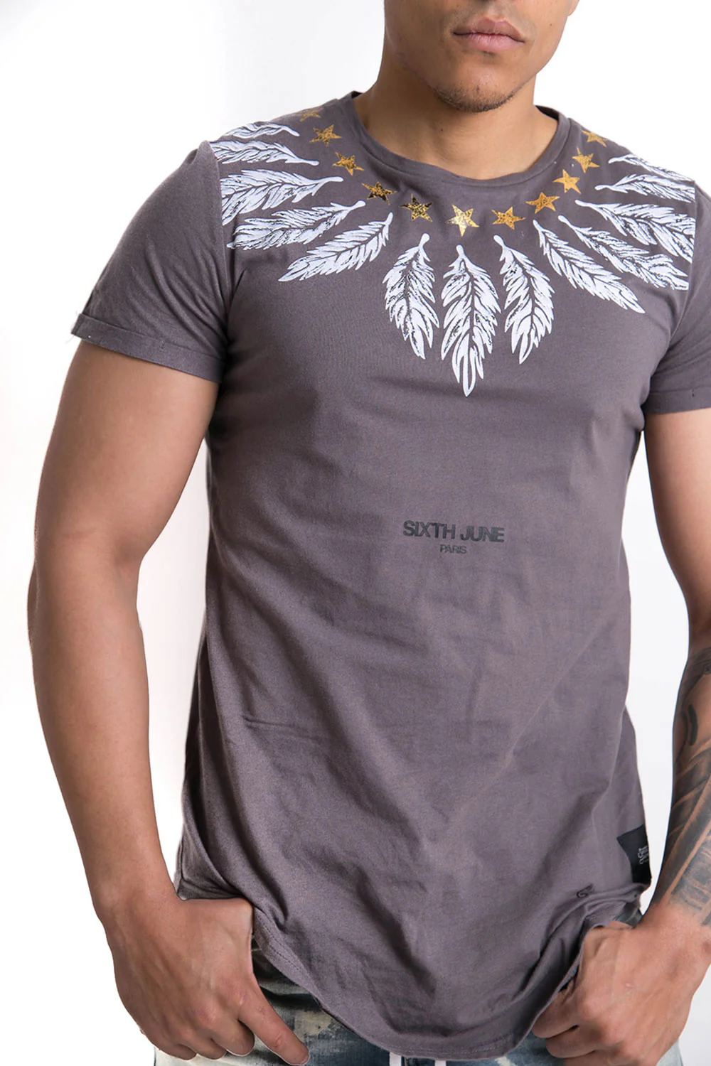 T-shirt col étoiles plumes gris - Image 5