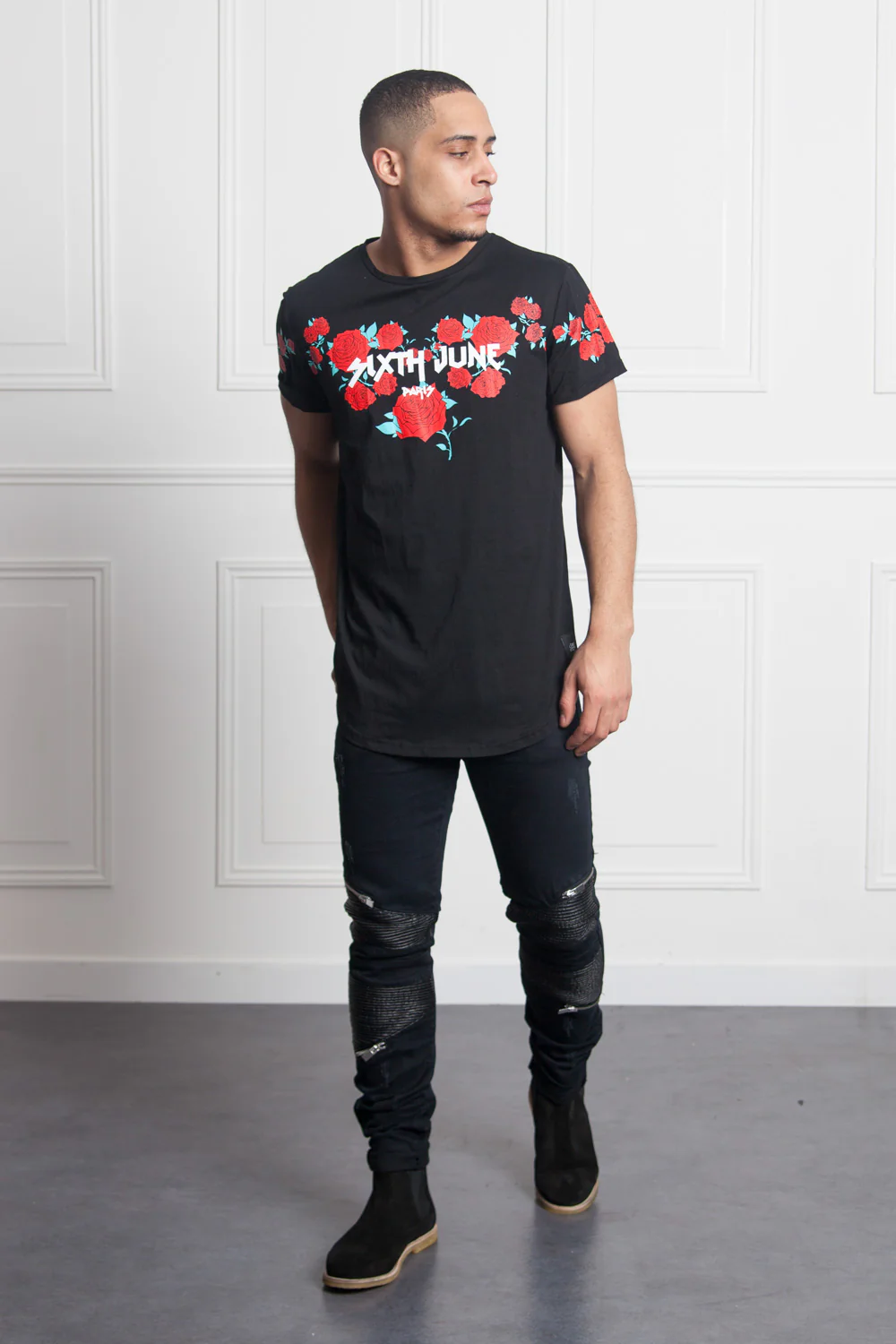 T-shirt roses flock print black M2525VTS - Image 2