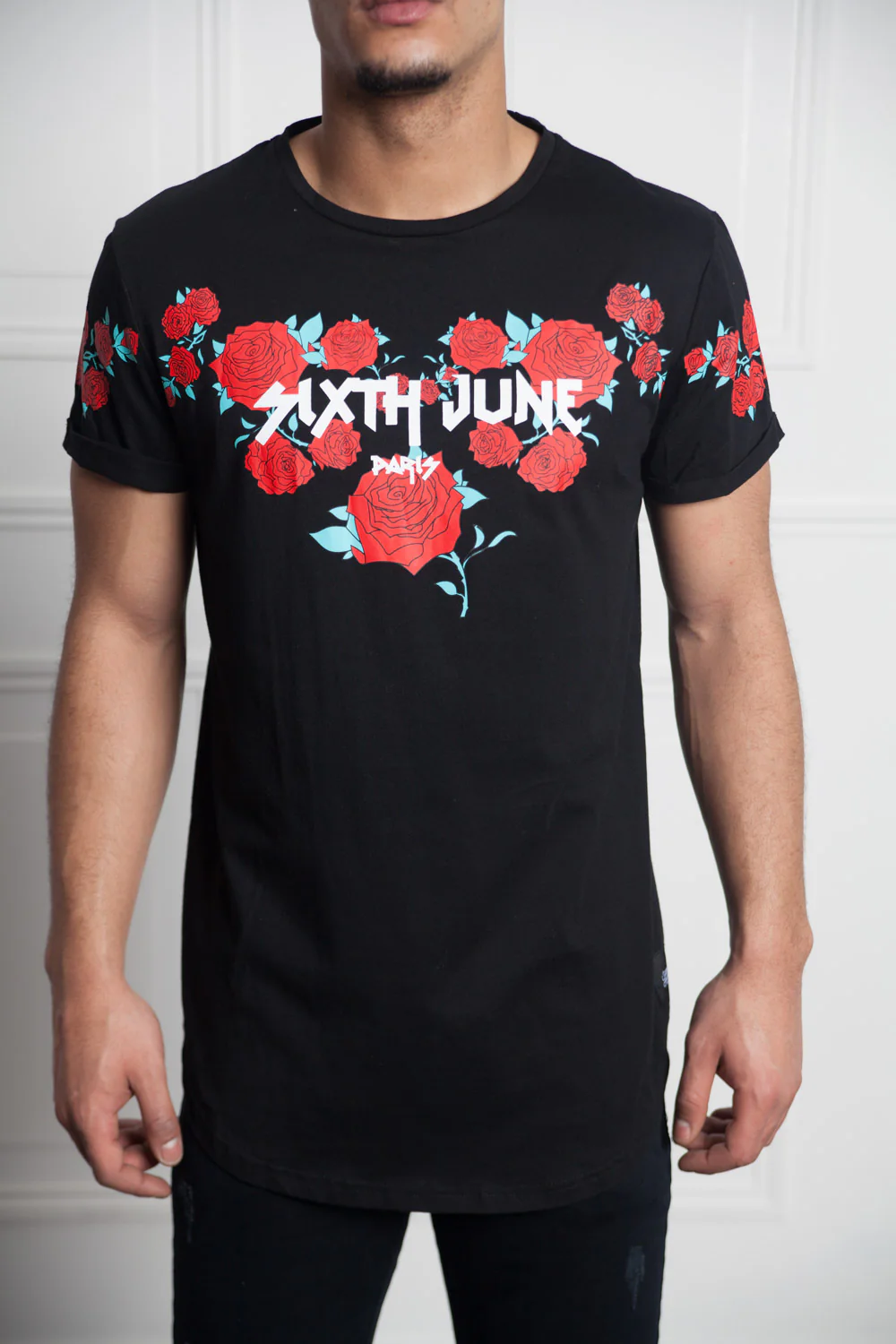 T-shirt roses flock print black M2525VTS - Image 5