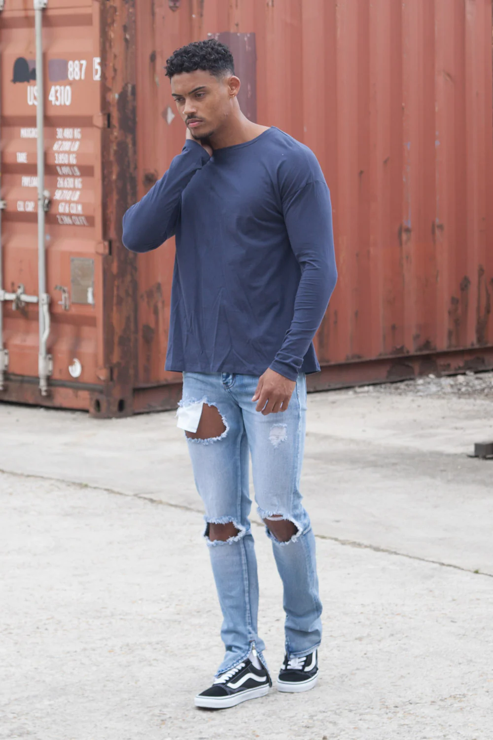 T- shirt manches longues épaules tombantes bleu foncé - Image 3