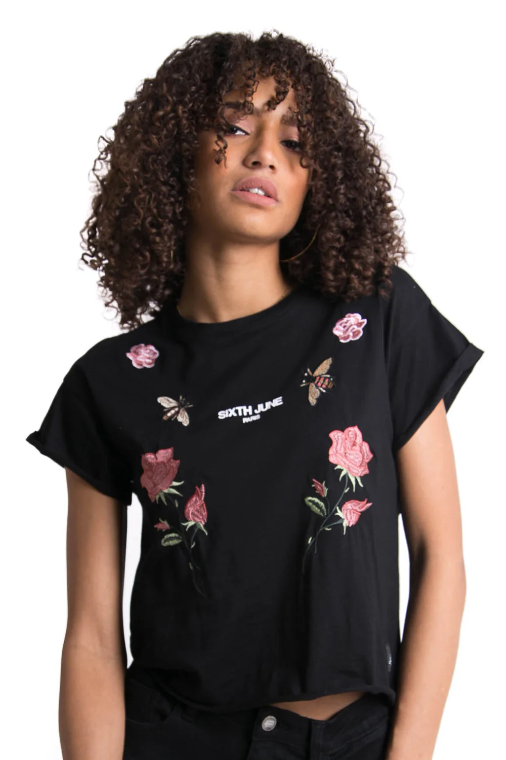 T-shirt ouvert roses guêpes noir - Image 2