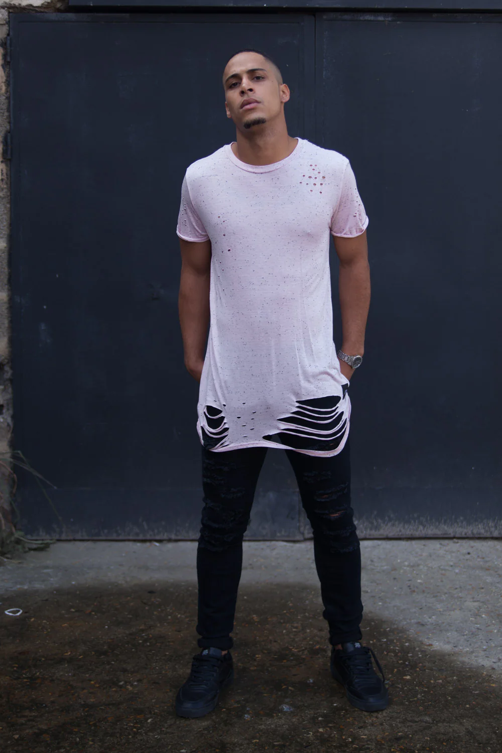T-shirt oversize moucheté destroy rose M2222VTS - Image 2