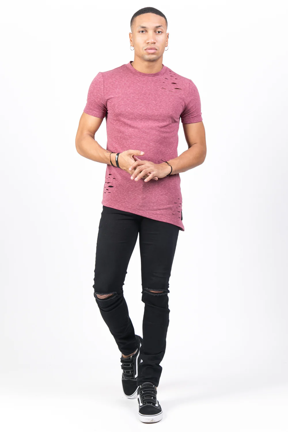 T-shirt trous asymétrique bordeaux - Image 2