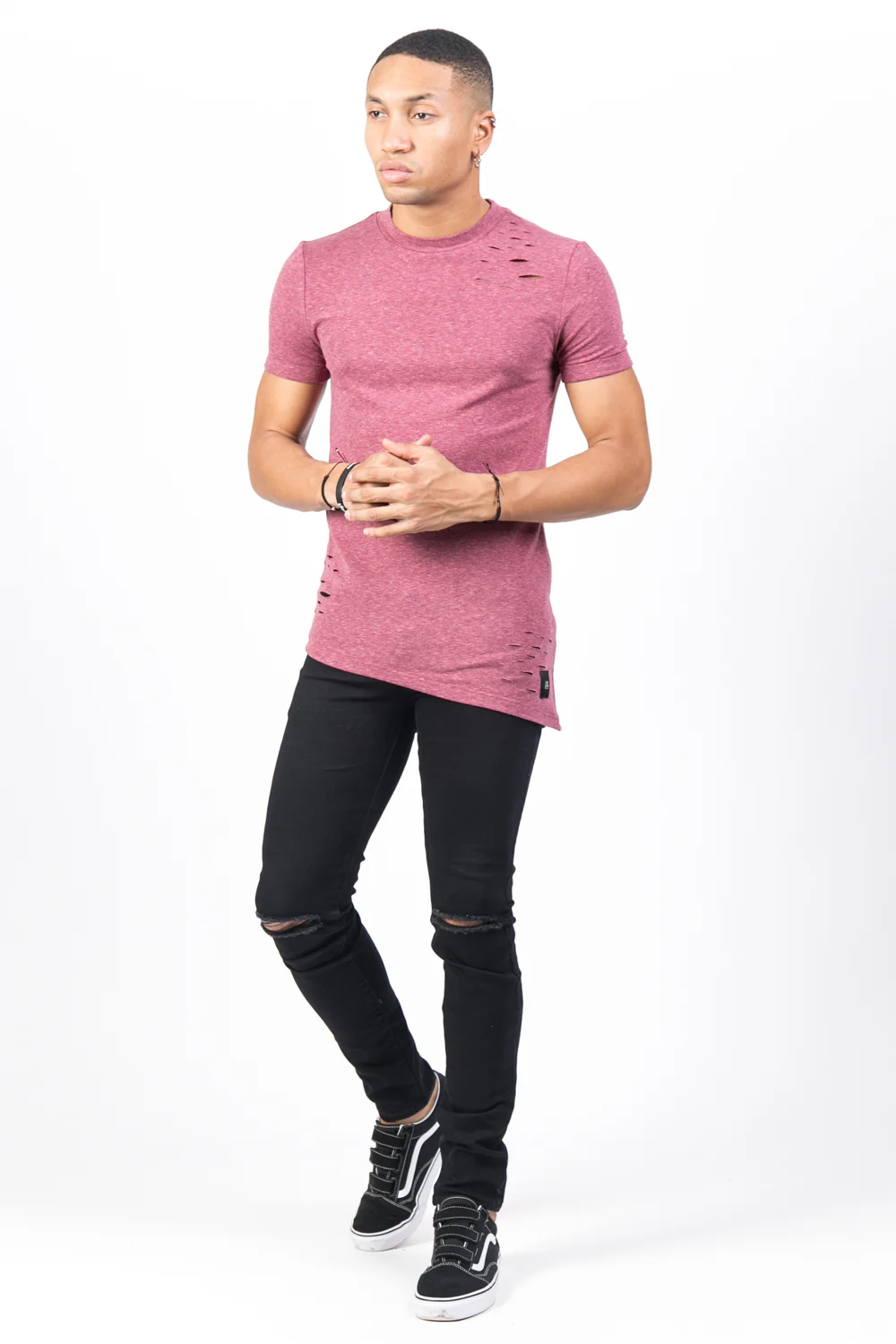 T-shirt trous asymétrique bordeaux - Image 4