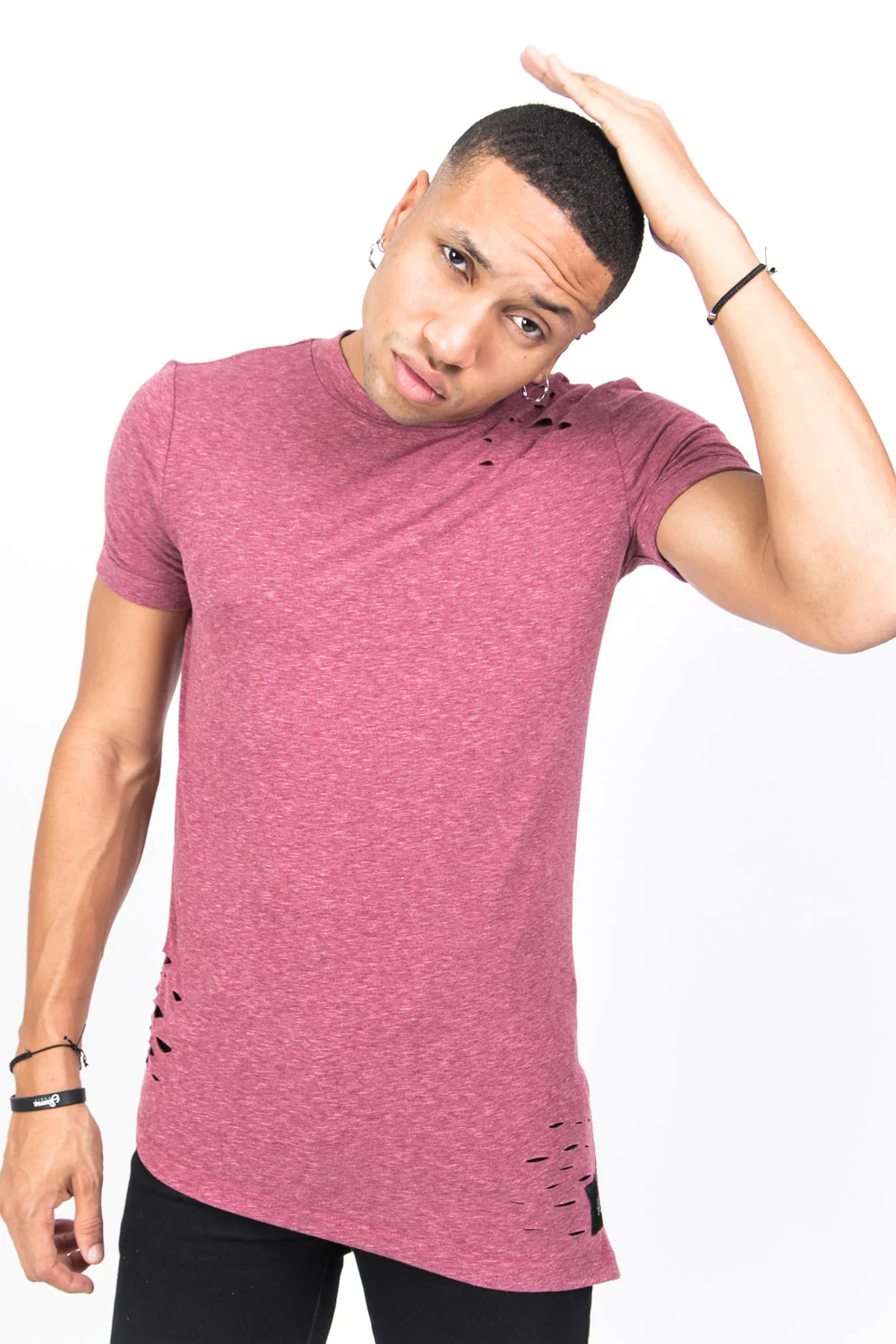 T-shirt trous asymétrique bordeaux - Image 5