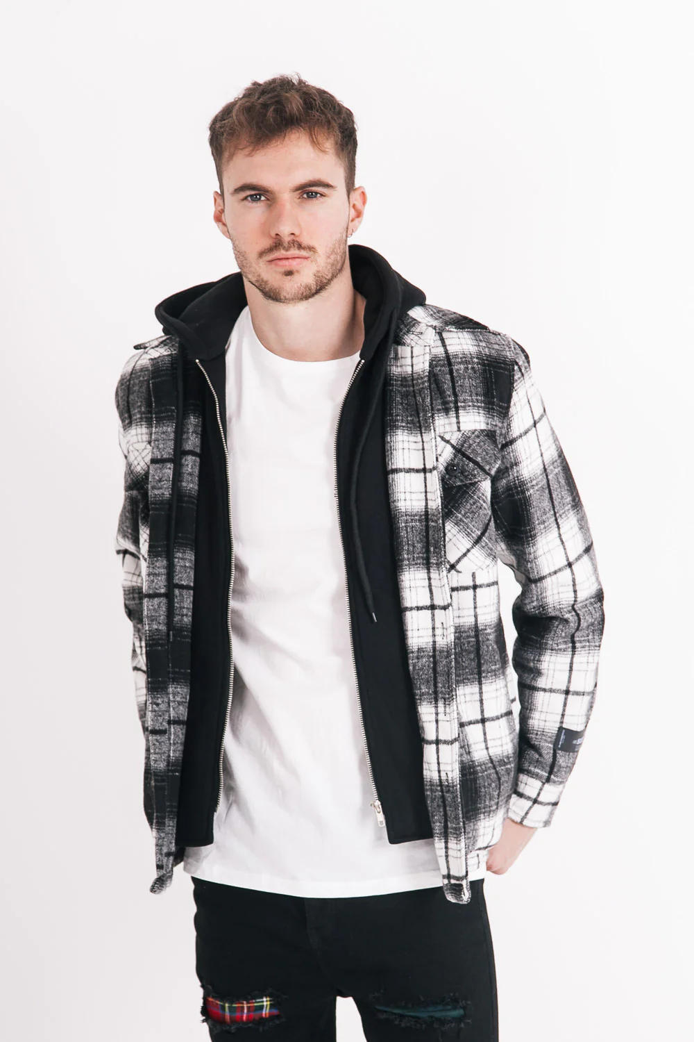 Veste capuche polaire tartan noir - Image 2
