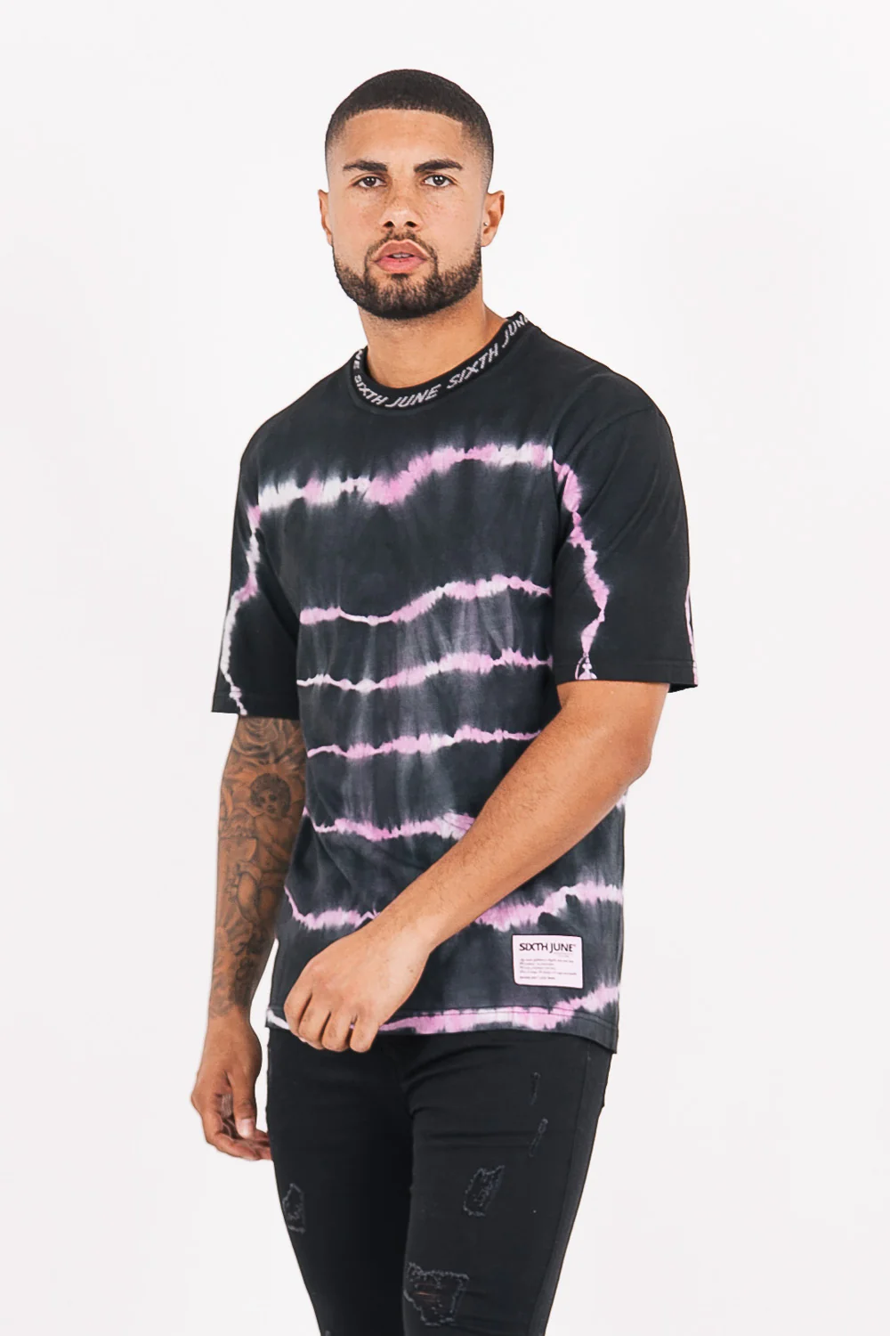 T-shirt tie and dye col côtelé noir - Image 2