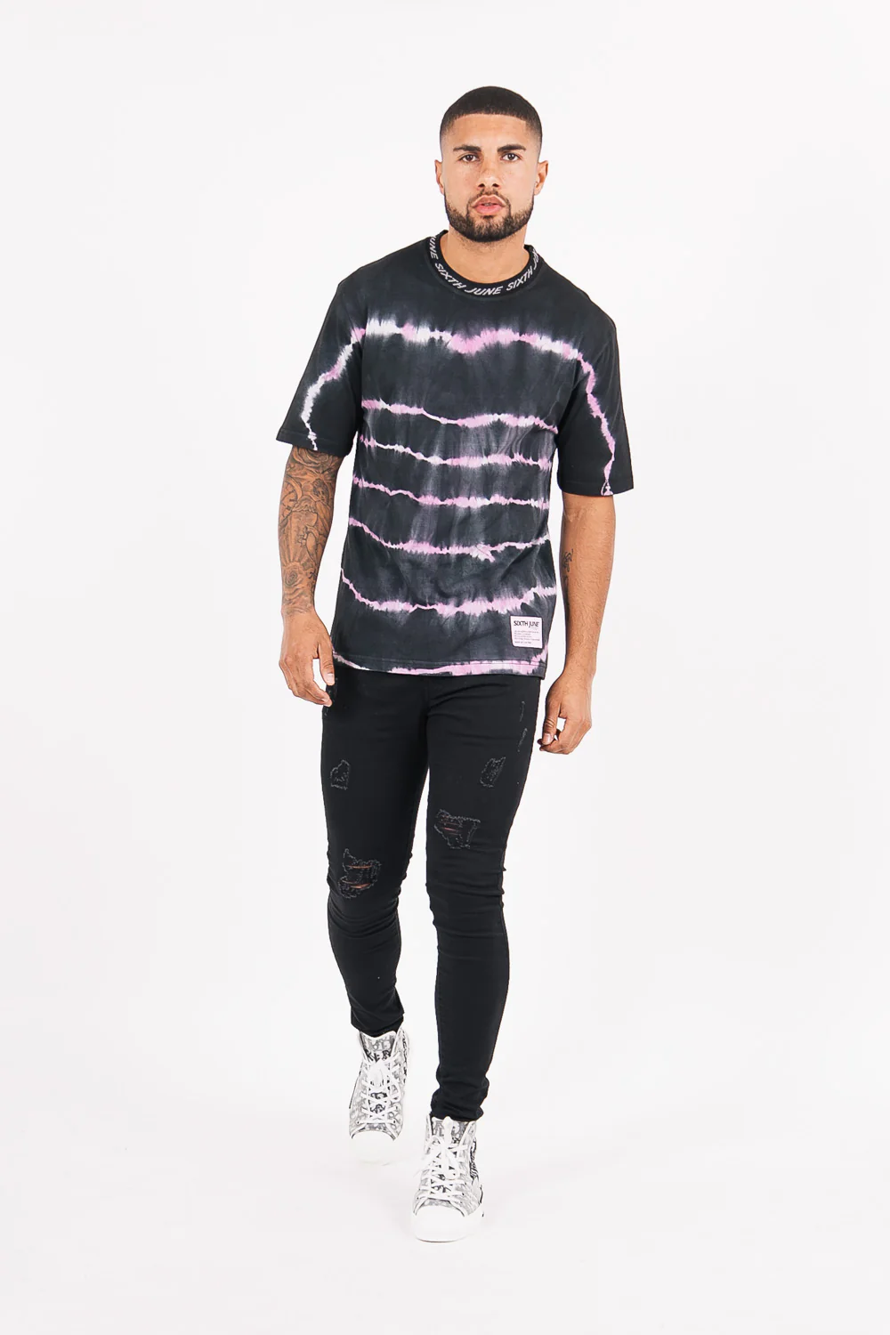 T-shirt tie and dye col côtelé noir - Image 6