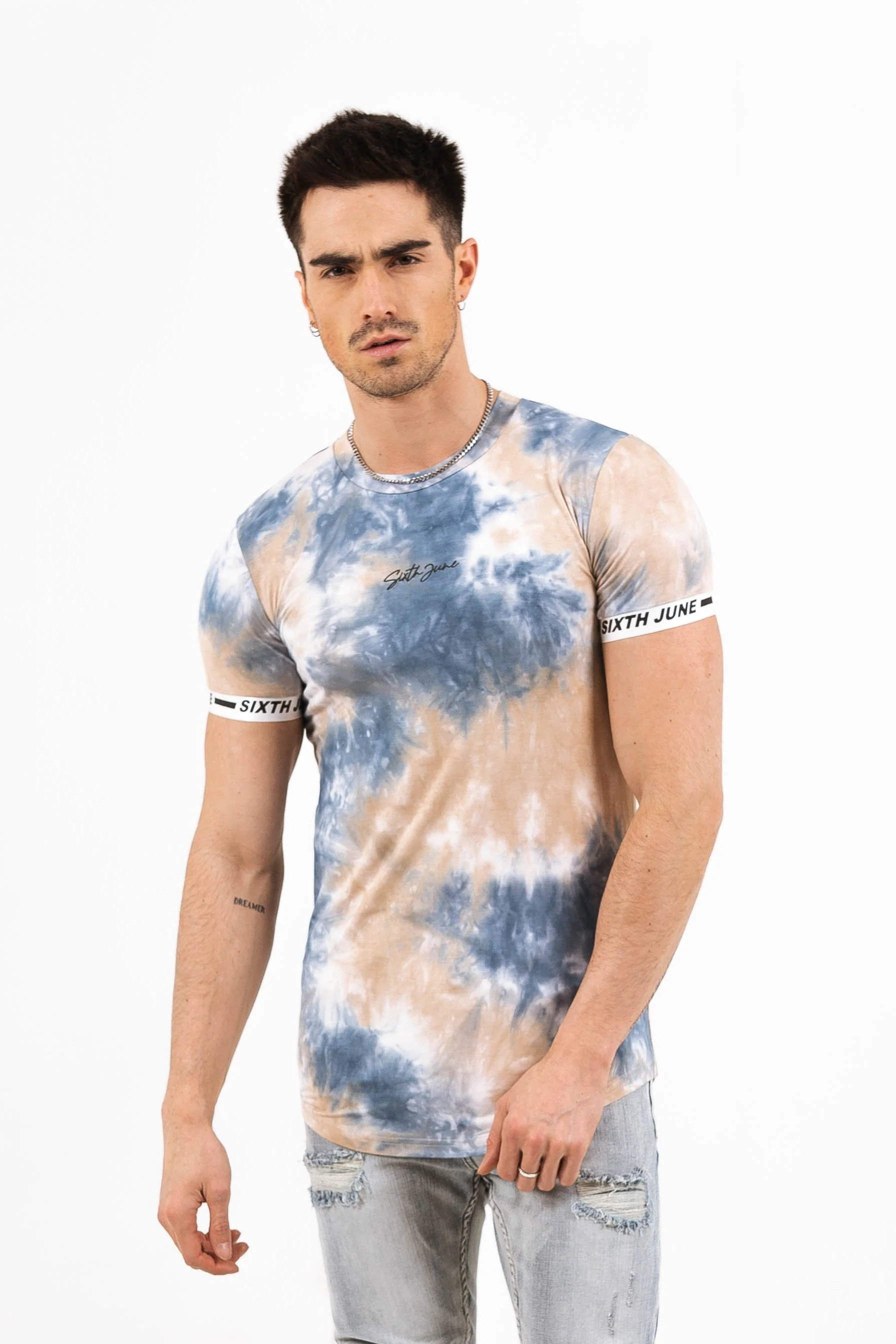 T-shirt tie dye élastique bleu beige - Image 2