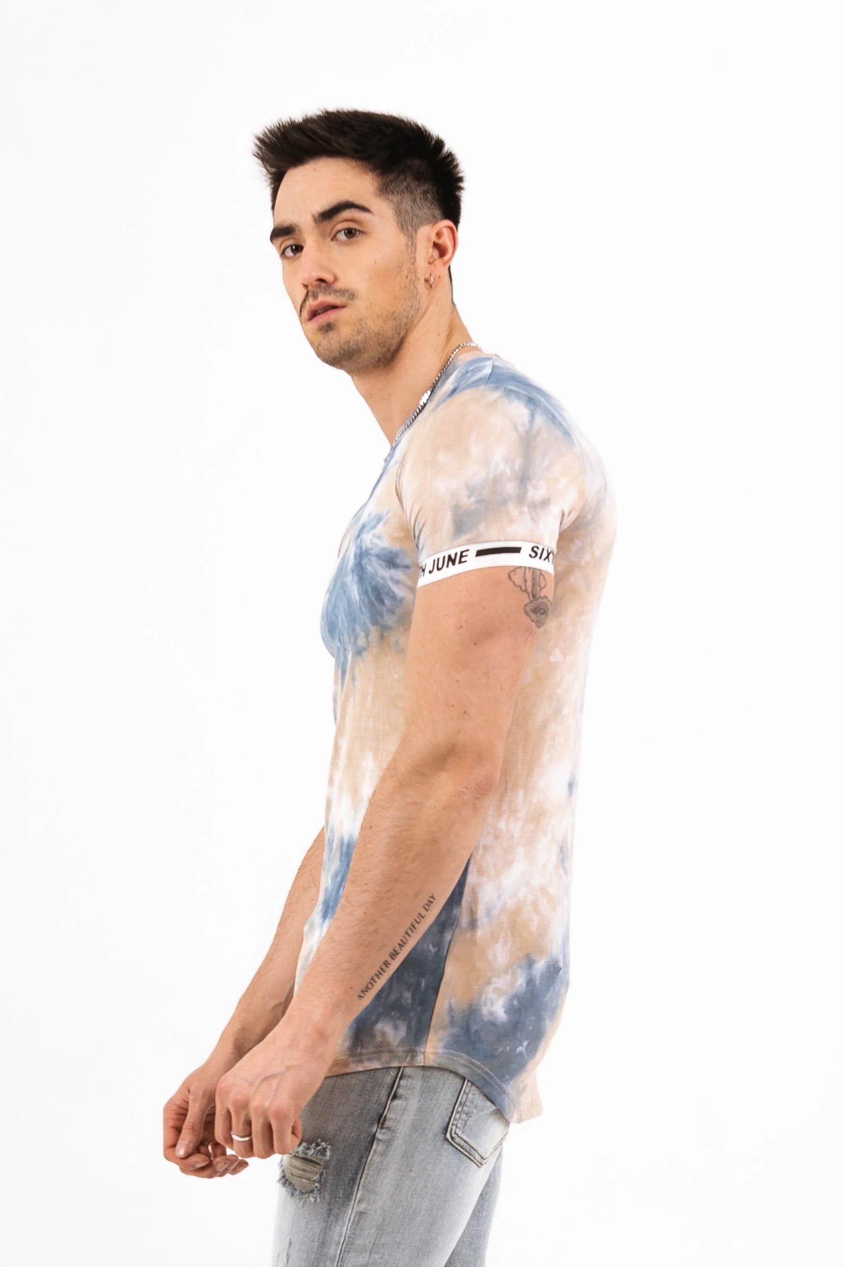 T-shirt tie dye élastique bleu beige - Image 3
