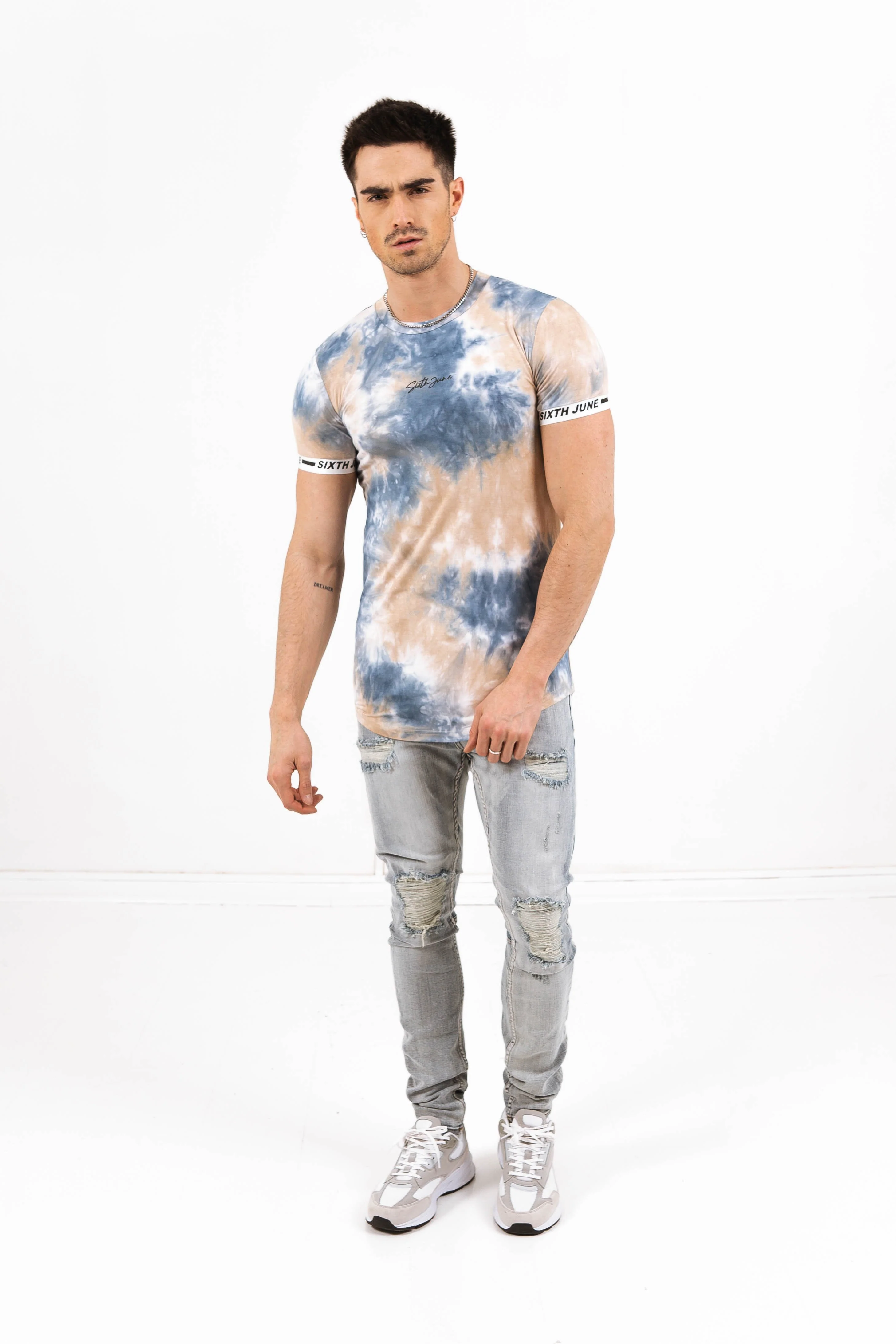 T-shirt tie dye élastique bleu beige - Image 5