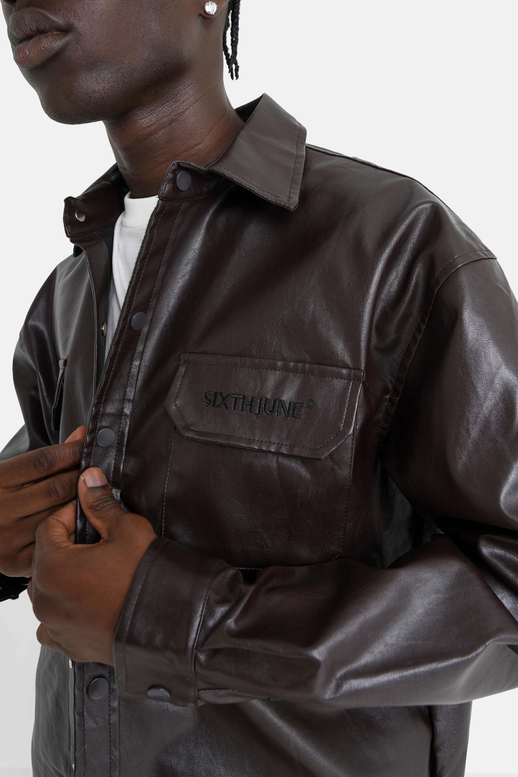 Chemise manches longues simili cuir Marron - Image 3