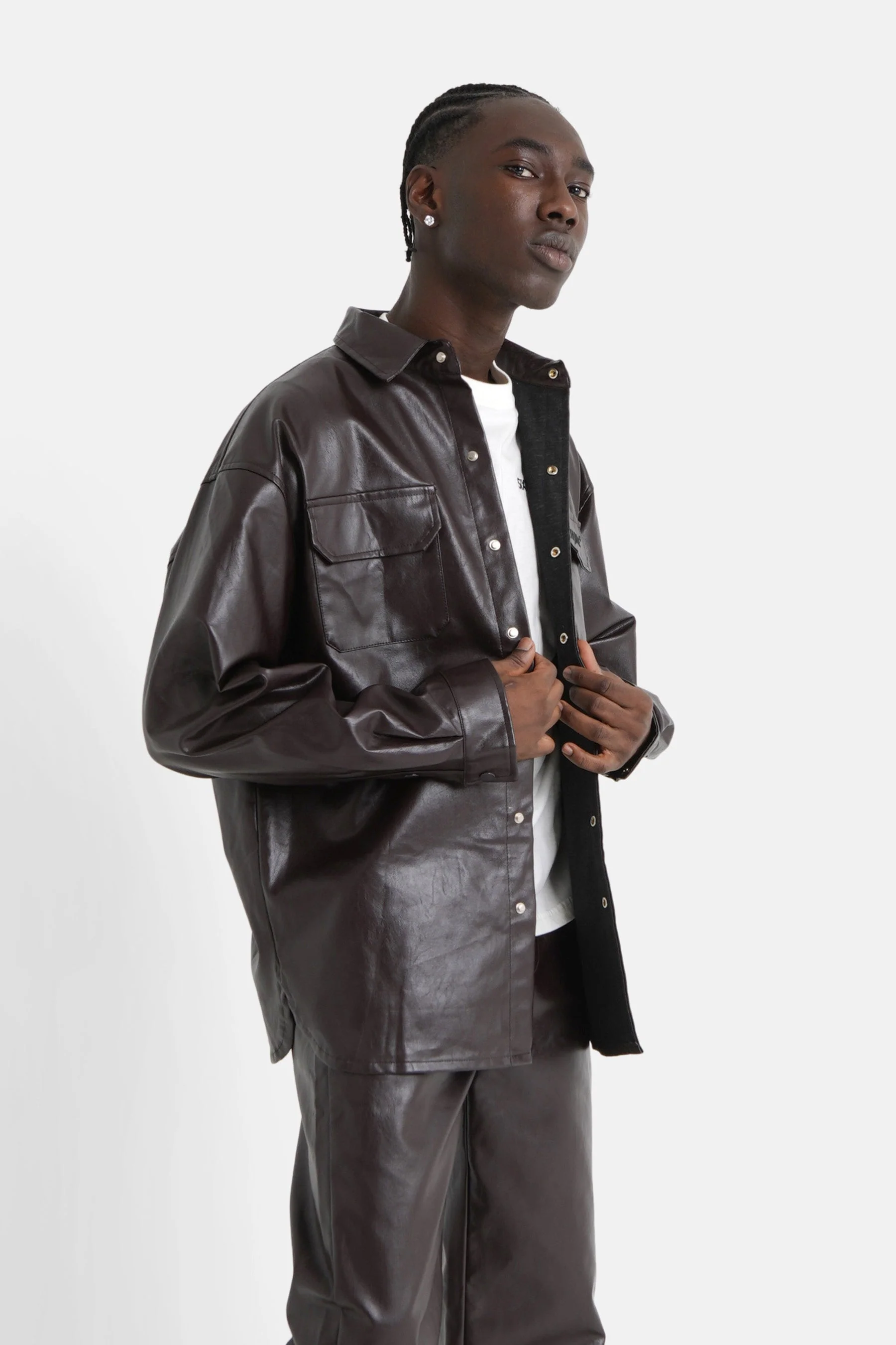 Chemise manches longues simili cuir Marron - Image 4