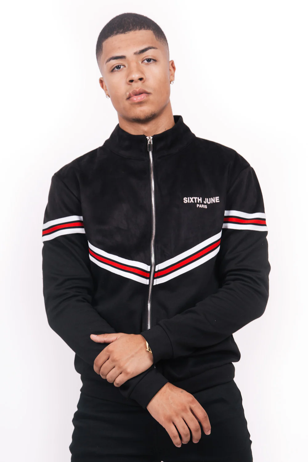 Veste bi-matière bandes V noire - Image 2