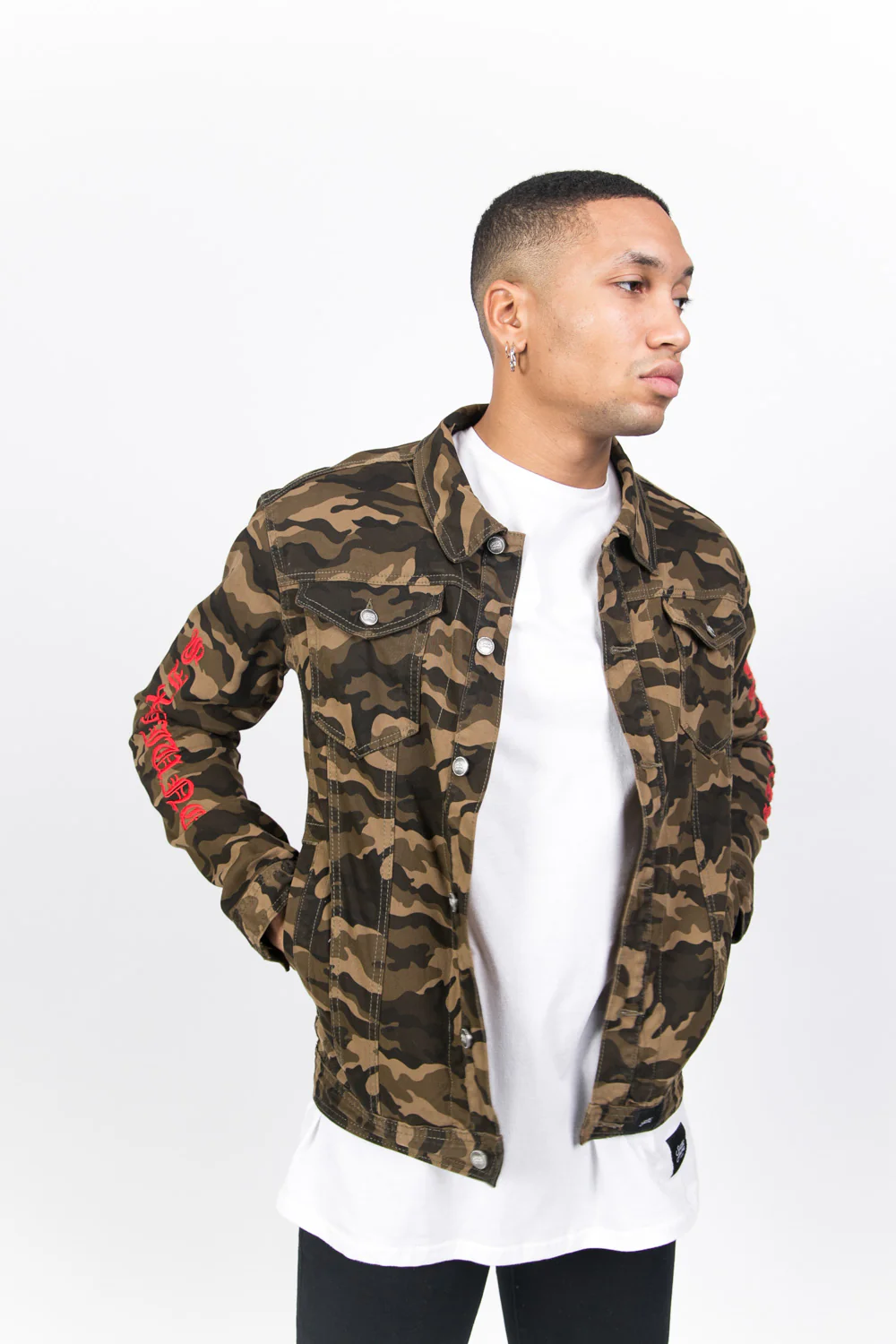 Veste jean camouflage brodée vert - Image 7