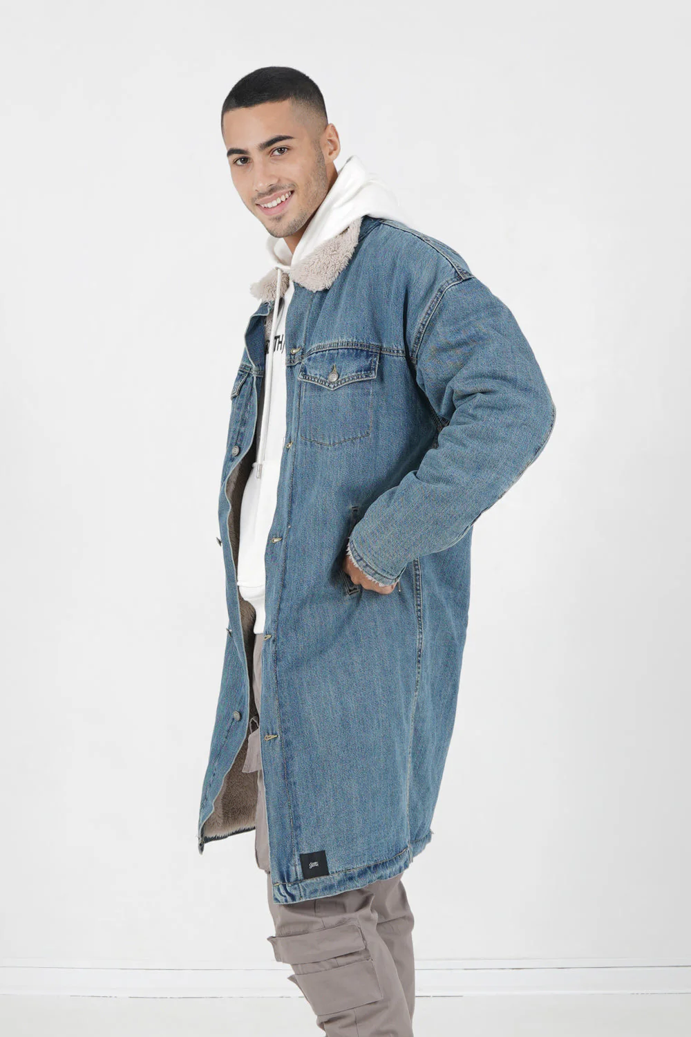 Veste jean longue doublée Bleu - Image 4