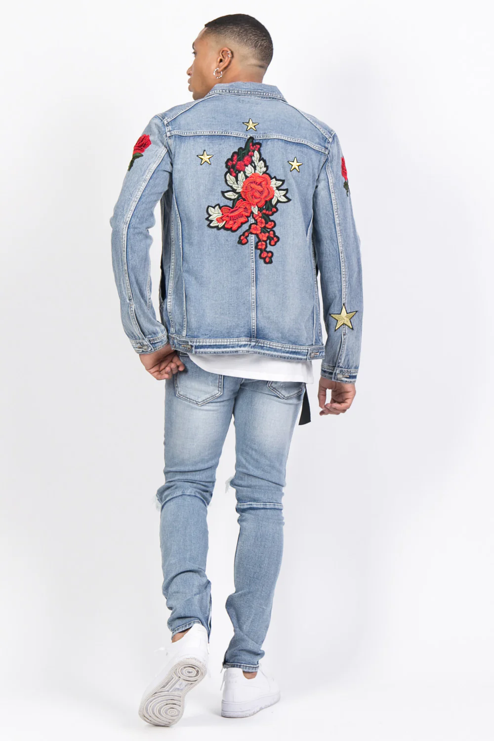 Veste jean patchs roses imprimés bleu - Image 3