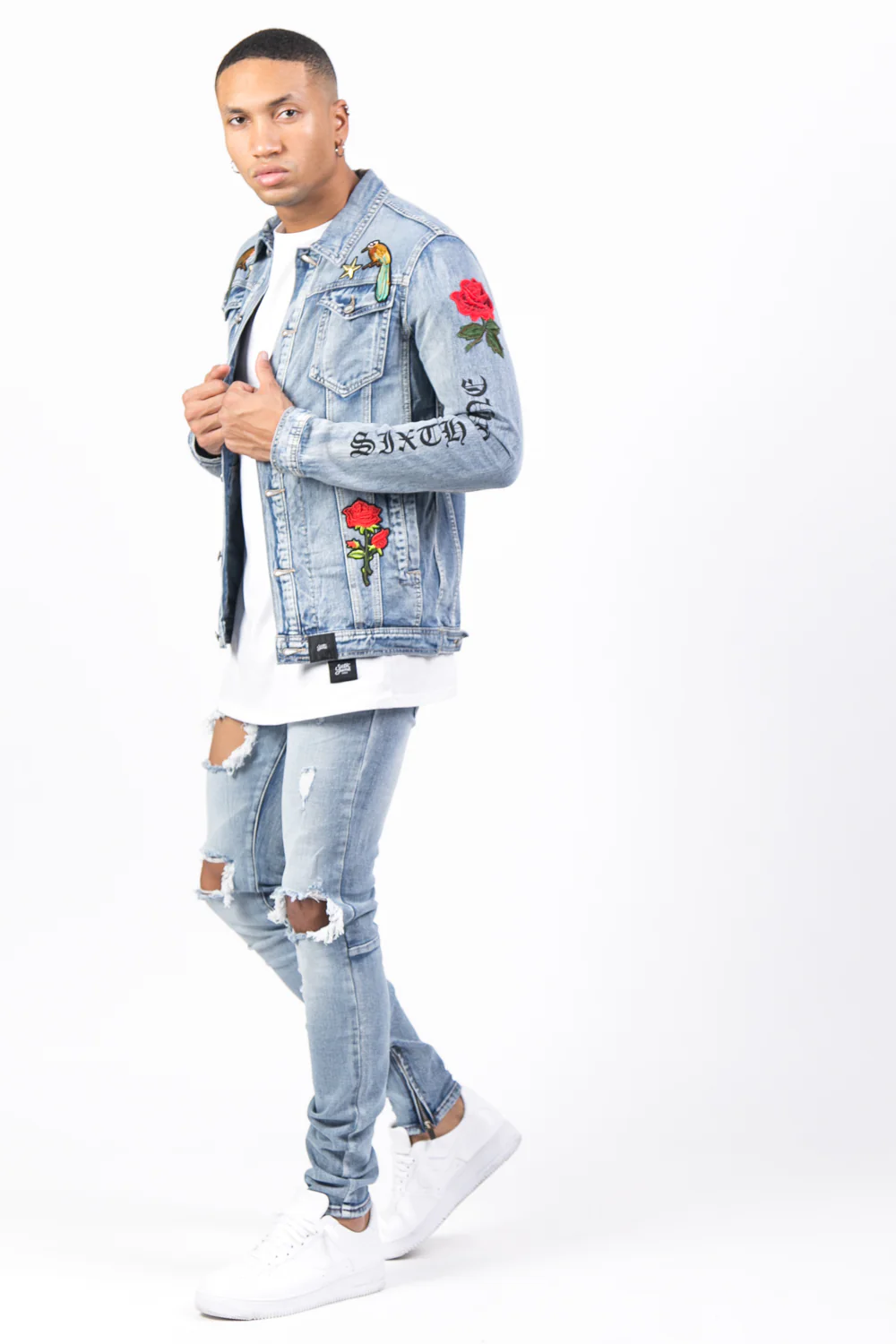 Veste jean patchs roses imprimés bleu - Image 4