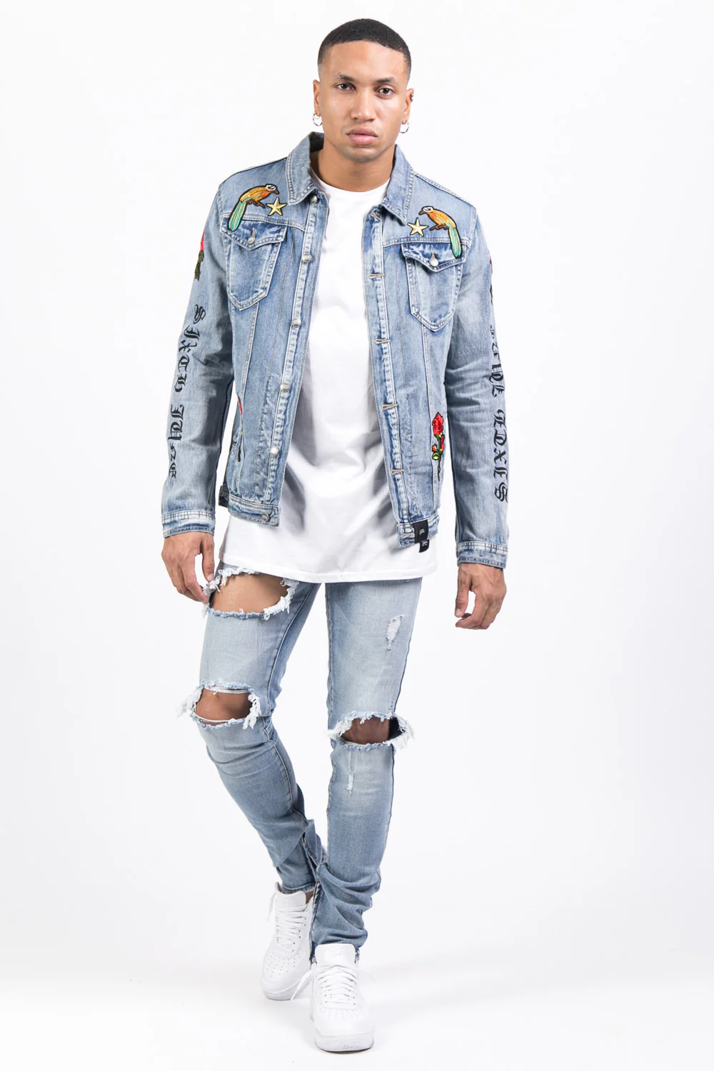 Veste jean patchs roses imprimés bleu - Image 5