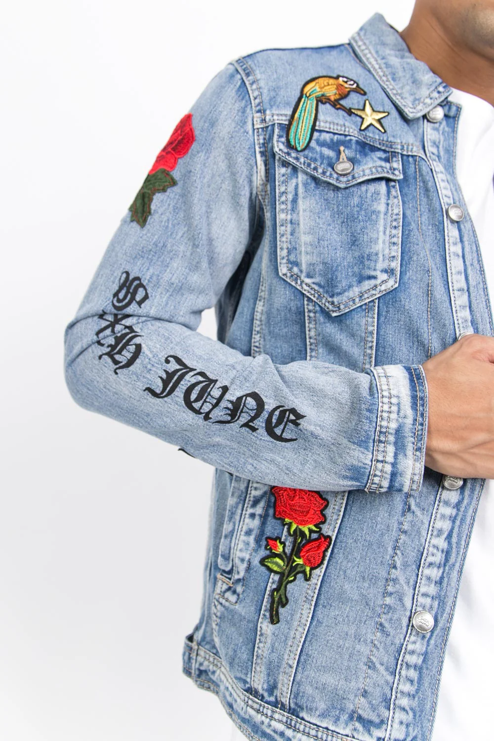Veste jean patchs roses imprimés bleu - Image 6