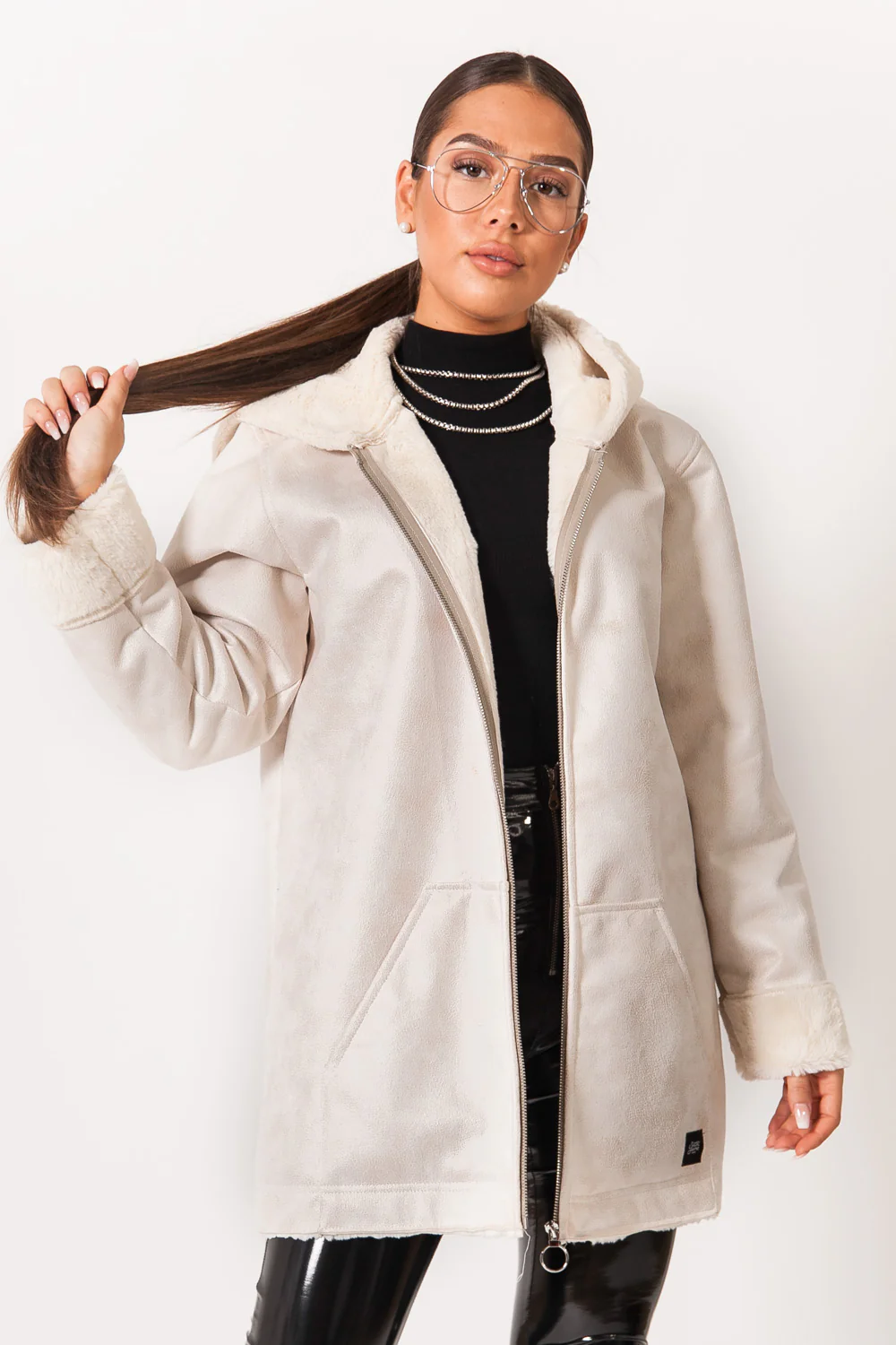 Veste longue doublée simili cuir mouton blanc - Image 2
