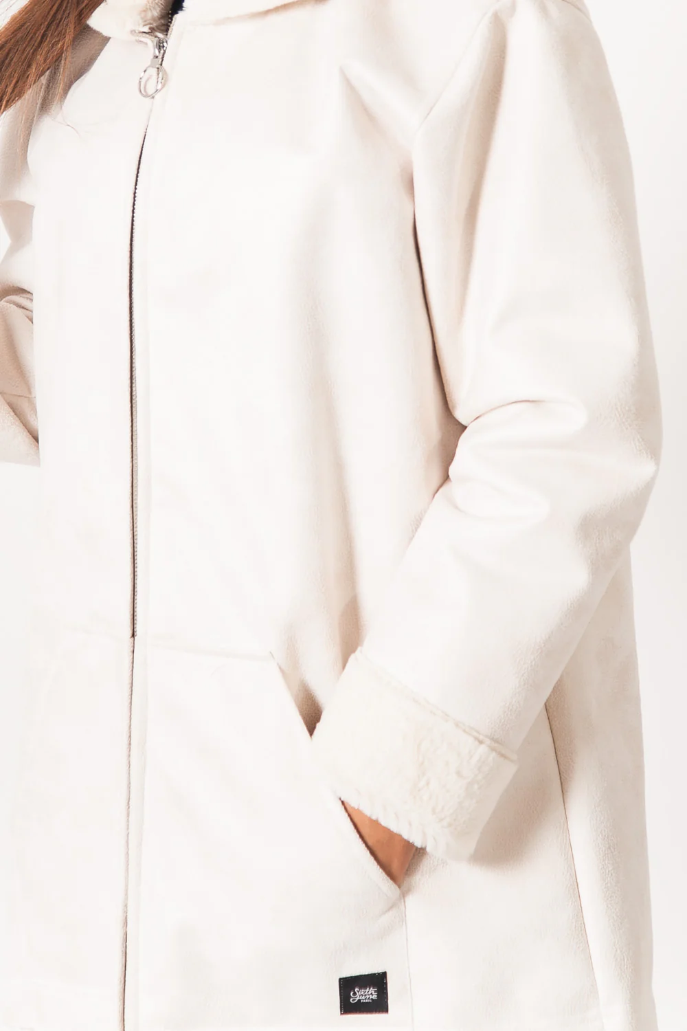Veste longue doublée simili cuir mouton blanc - Image 3