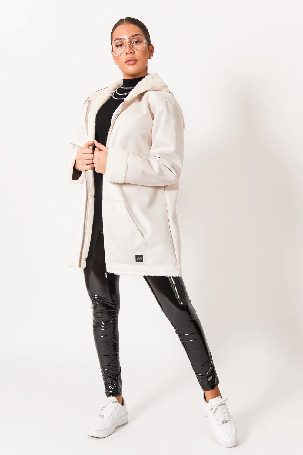 Veste longue doublée simili cuir mouton blanc - Image 6