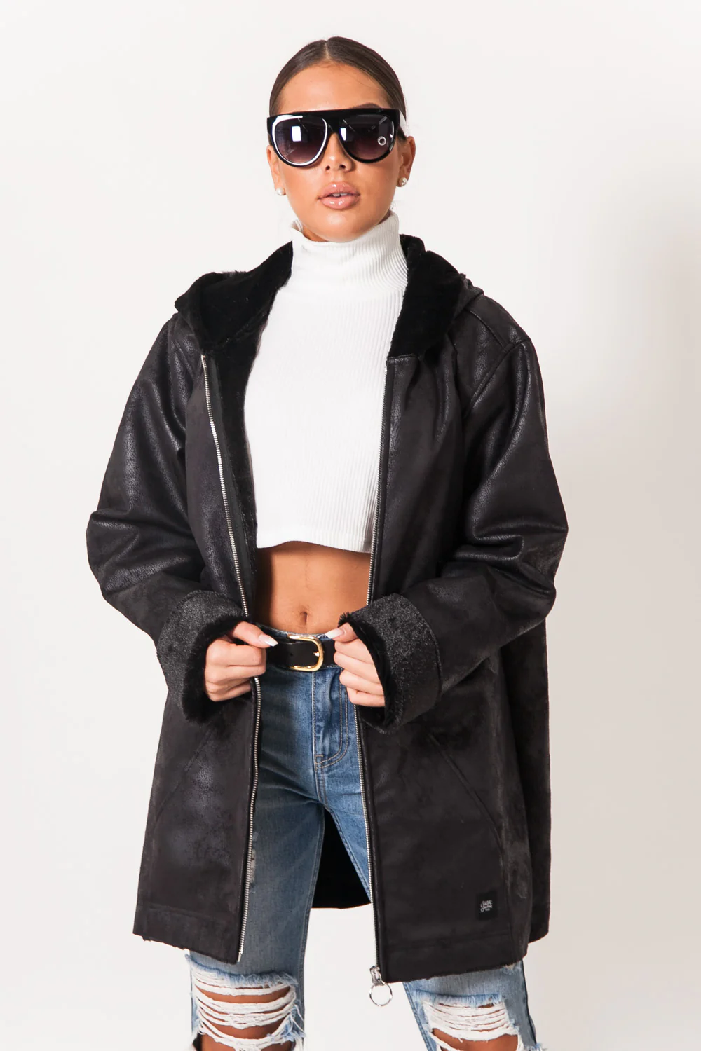 Veste longue doublée simili cuir mouton noir - Image 2
