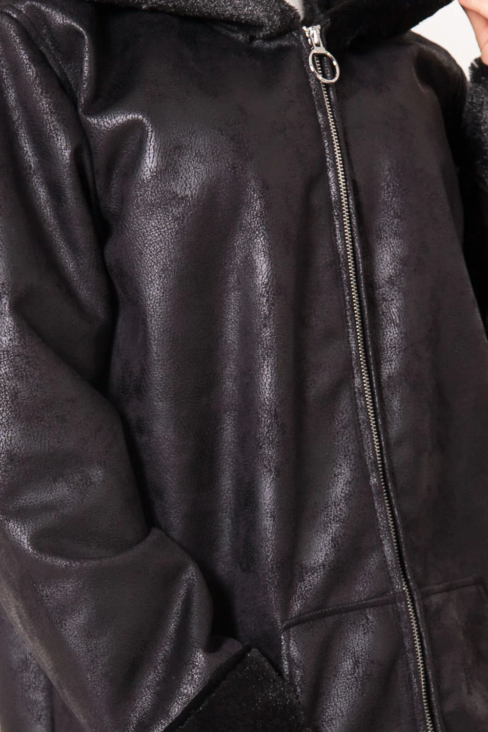Veste longue doublée simili cuir mouton noir - Image 3