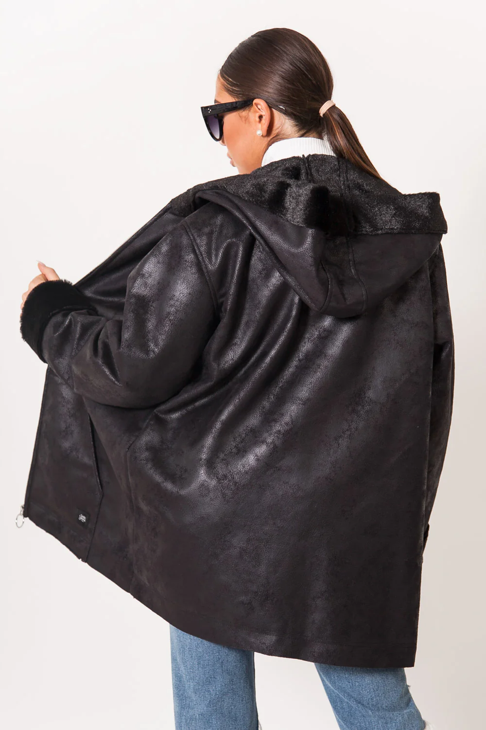 Veste longue doublée simili cuir mouton noir - Image 5