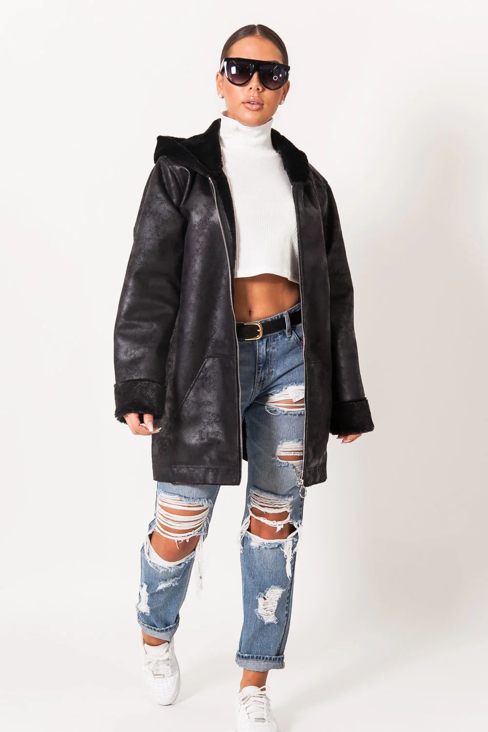 Veste longue doublée simili cuir mouton noir - Image 6