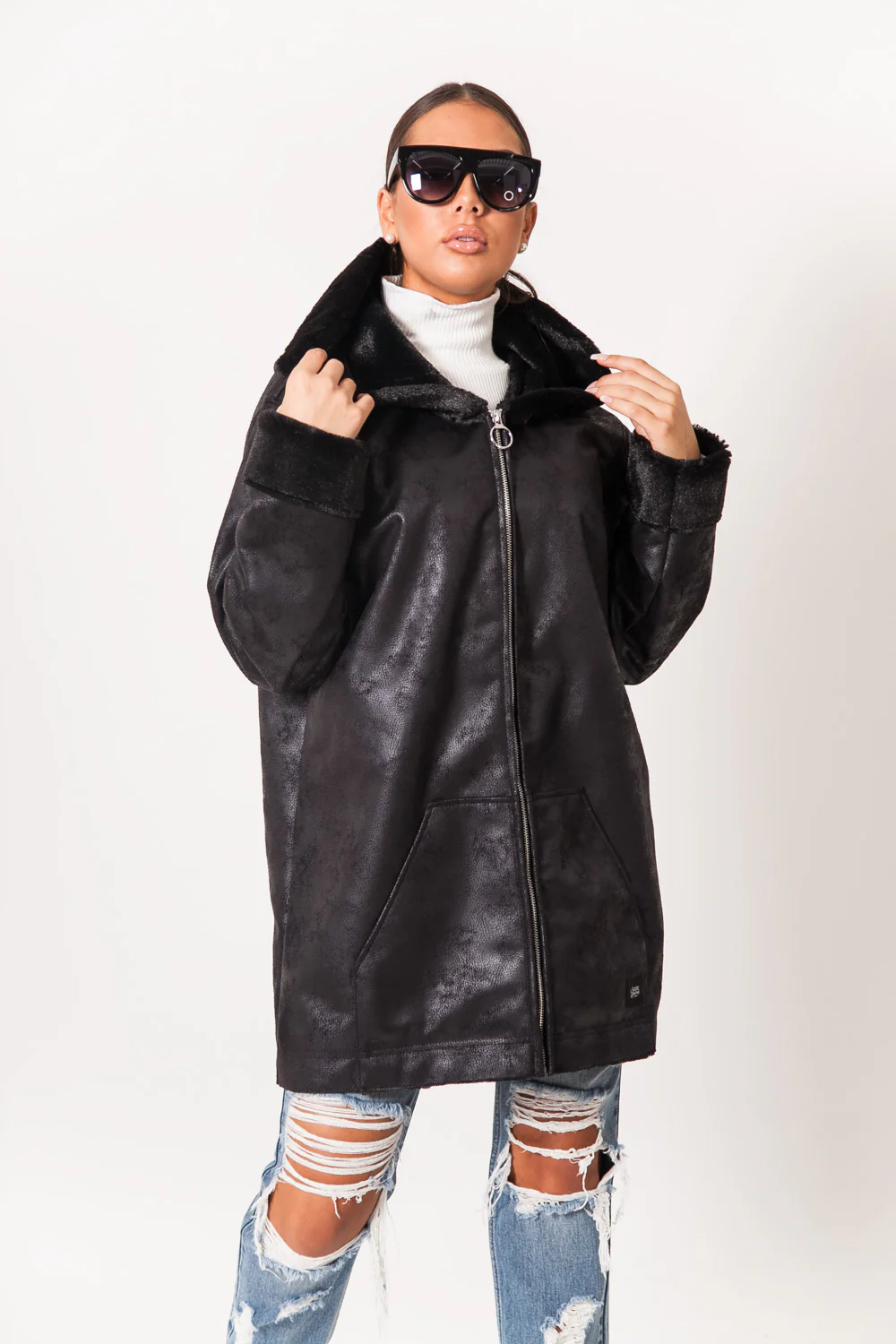 Veste longue doublée simili cuir mouton noir - Image 7