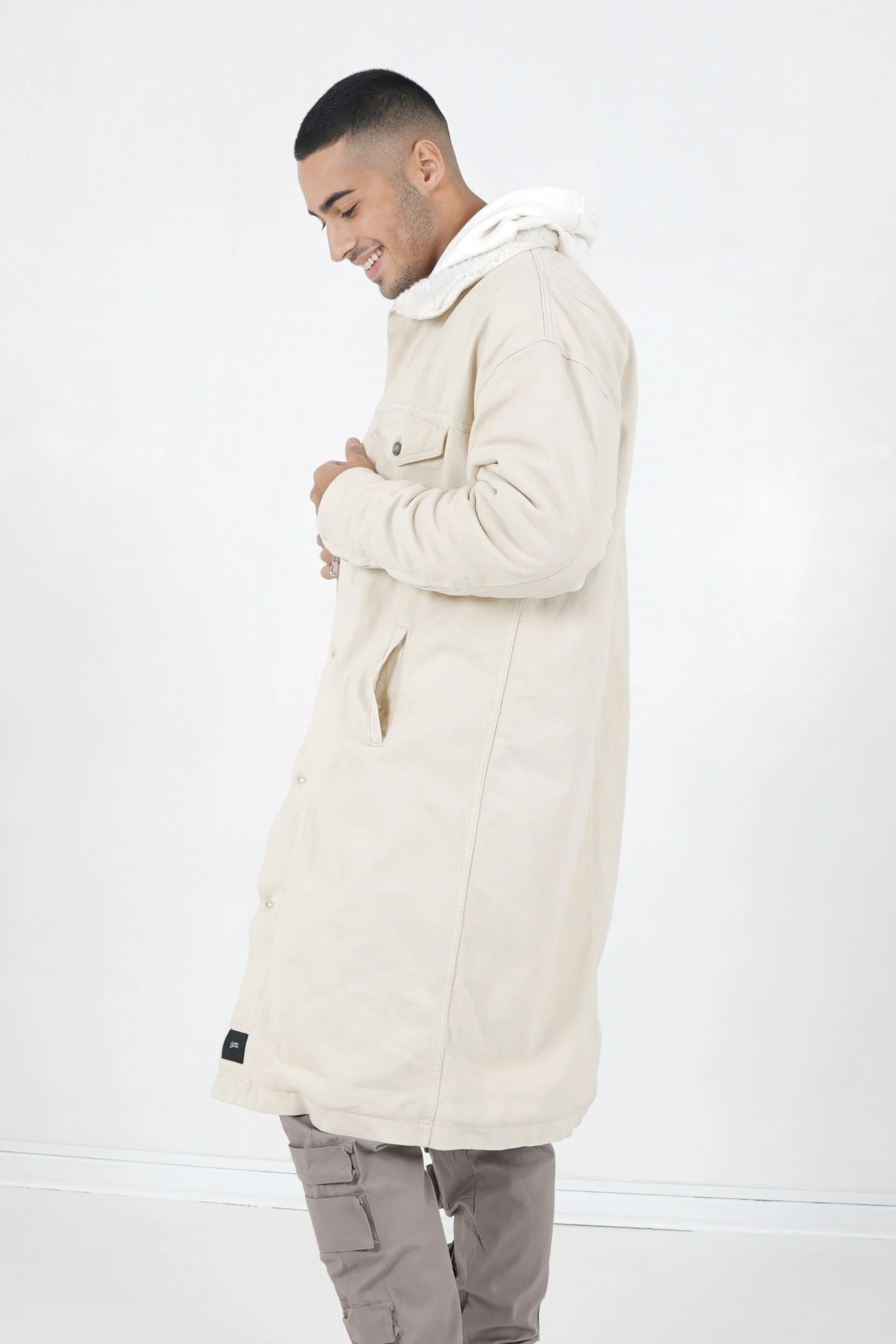 Veste longue jean doublée Beige - Image 4