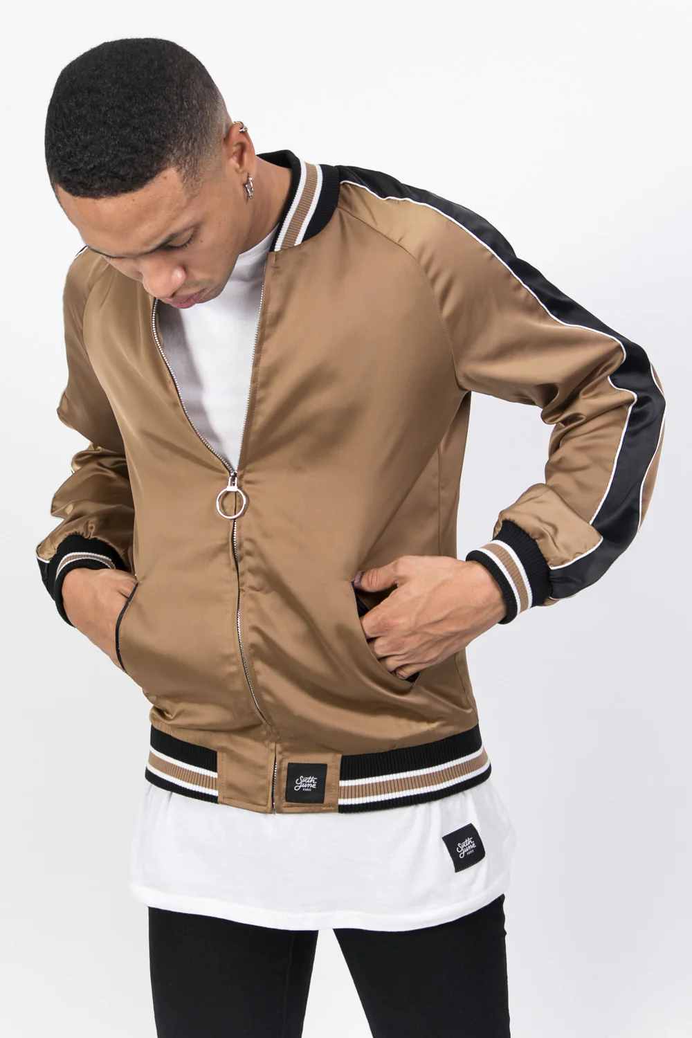 Veste satin bandes beige noir - Image 5