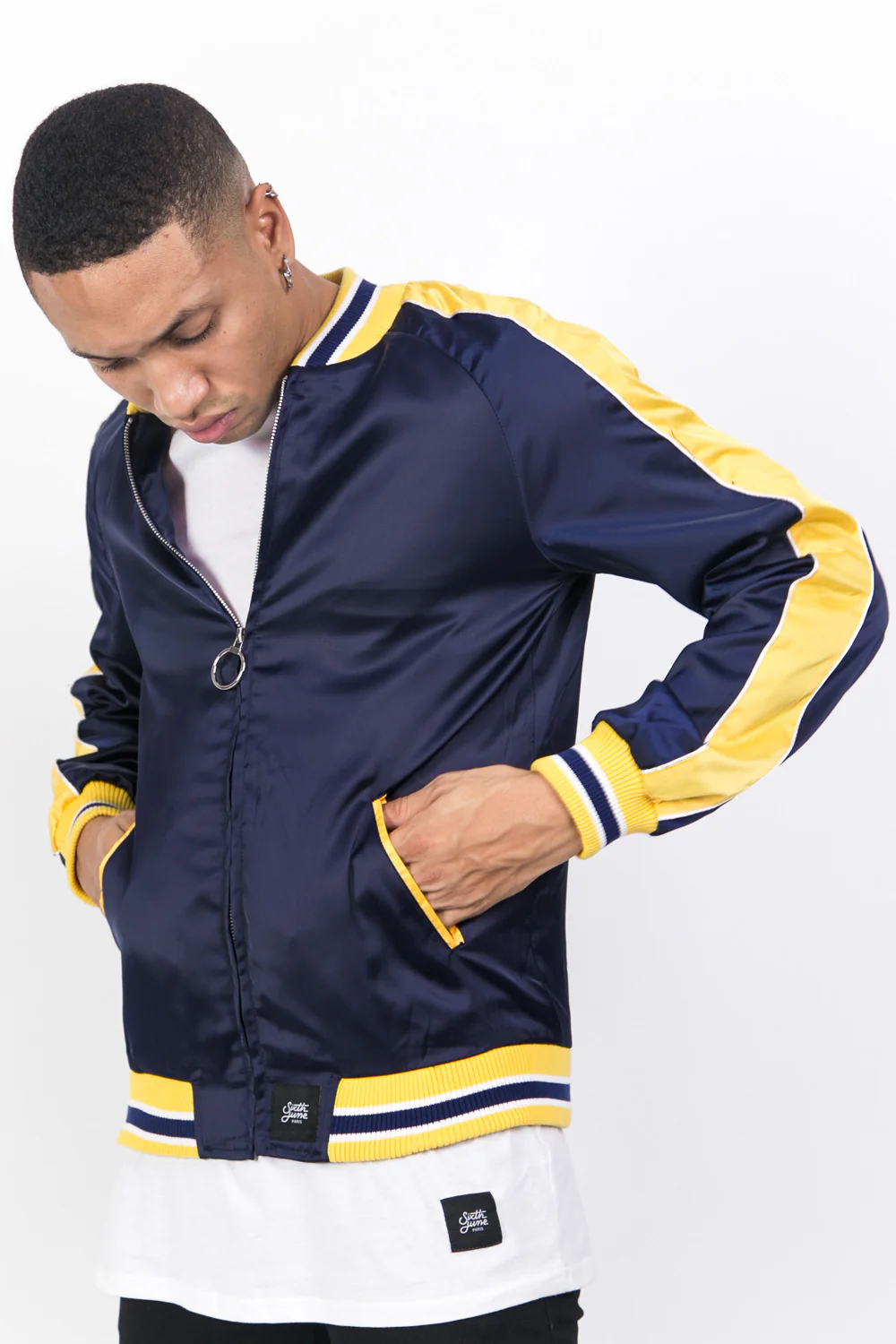 Veste satin bandes bleu jaune - Image 5