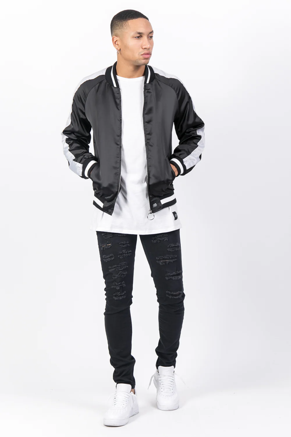 Veste satin bandes noir gris - Image 2