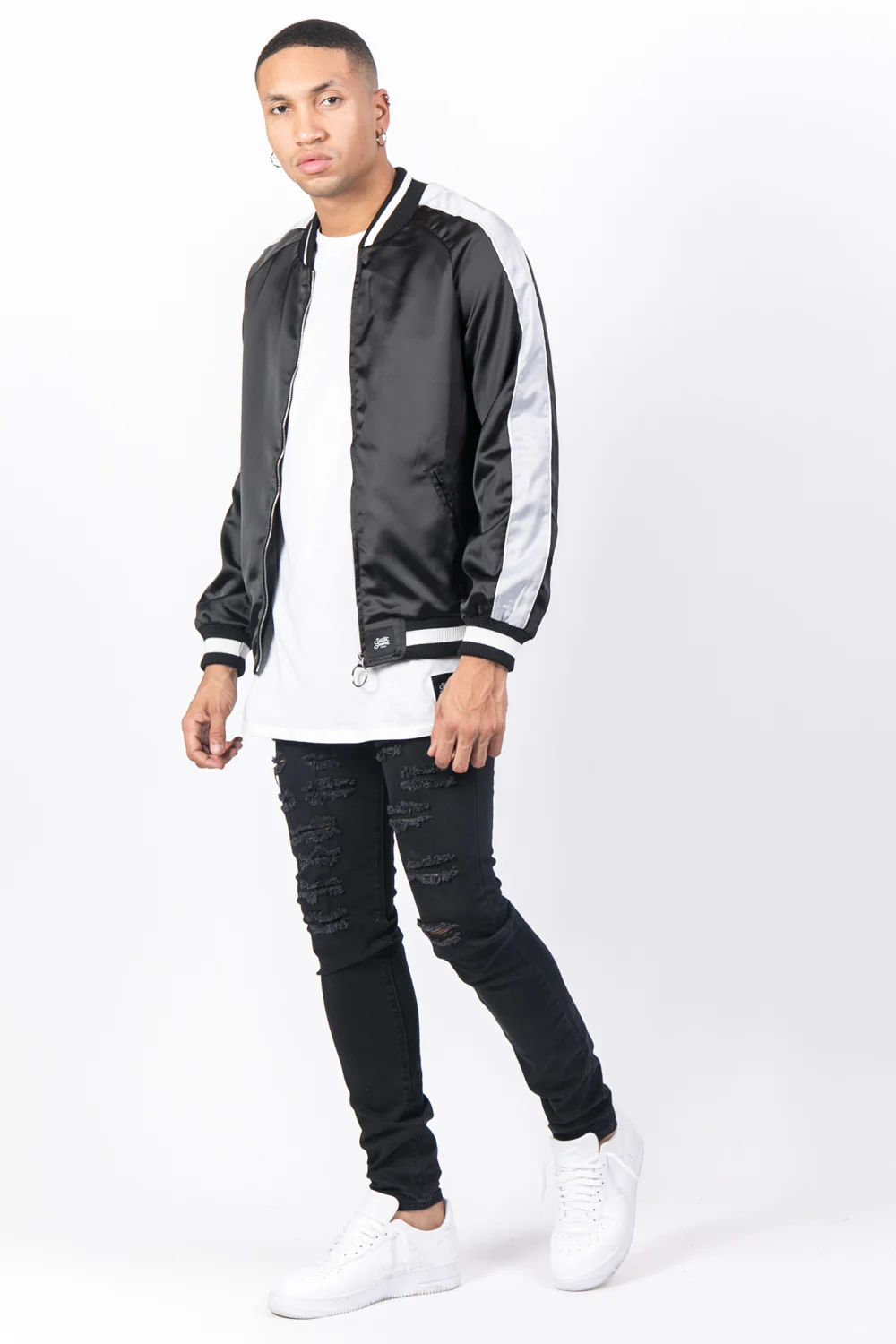 Veste satin bandes noir gris - Image 4