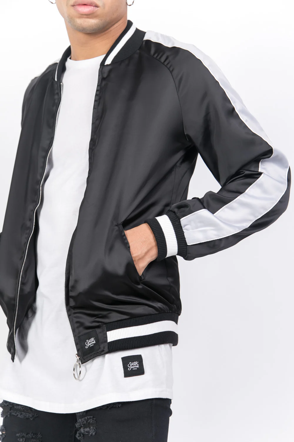 Veste satin bandes noir gris - Image 5
