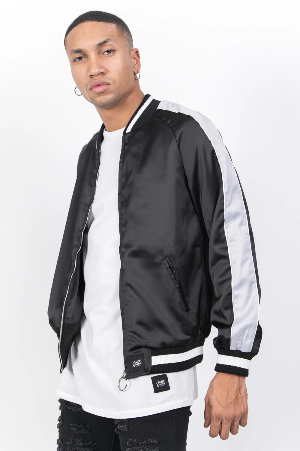 Veste satin bandes noir gris - Image 6