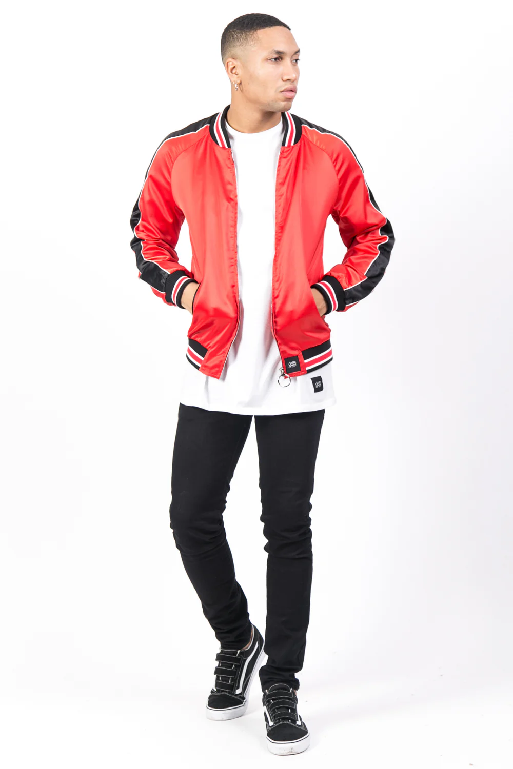 Veste satin bandes rouge noir - Image 2
