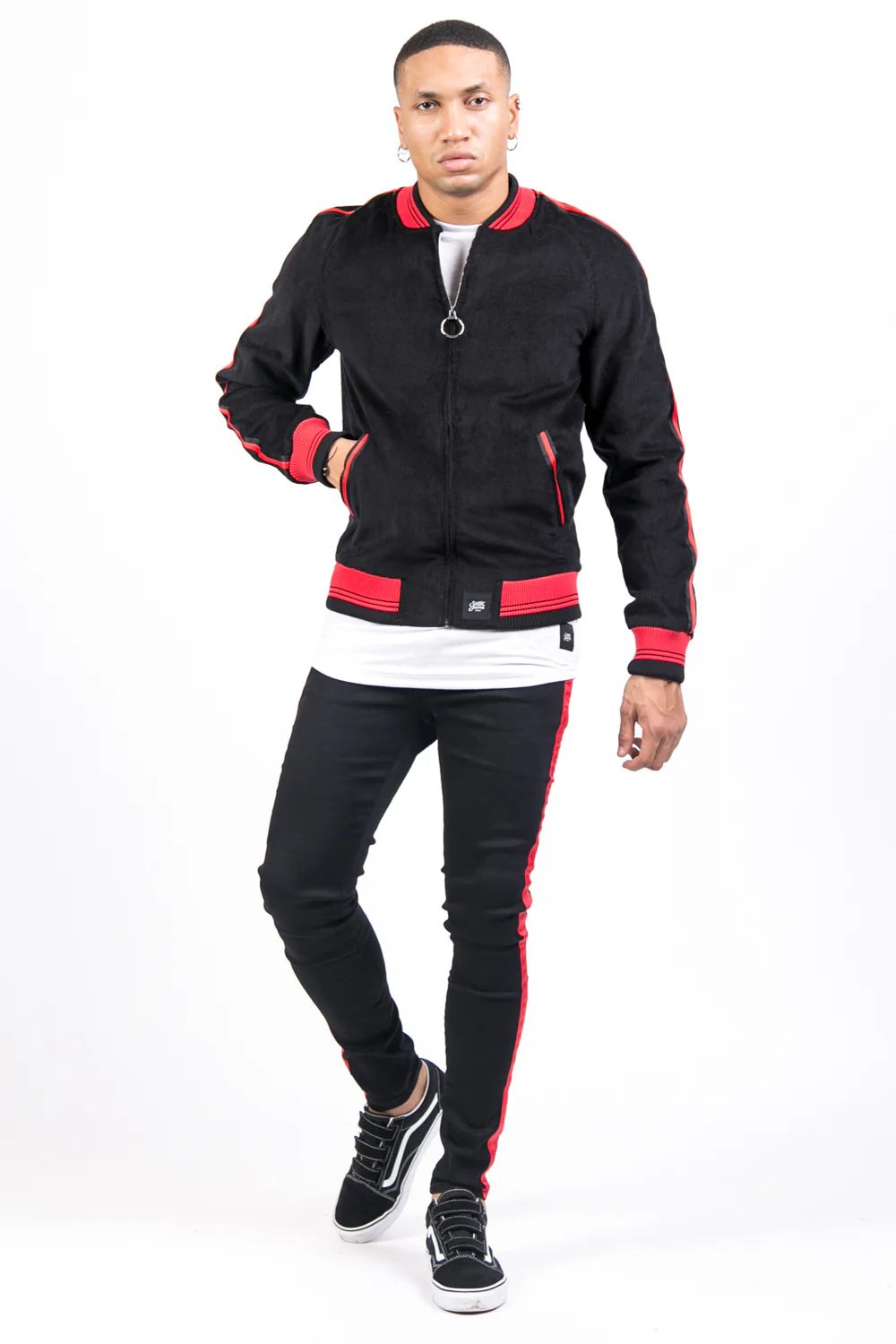 Veste velours côtelé bandes noir rouge - Image 2